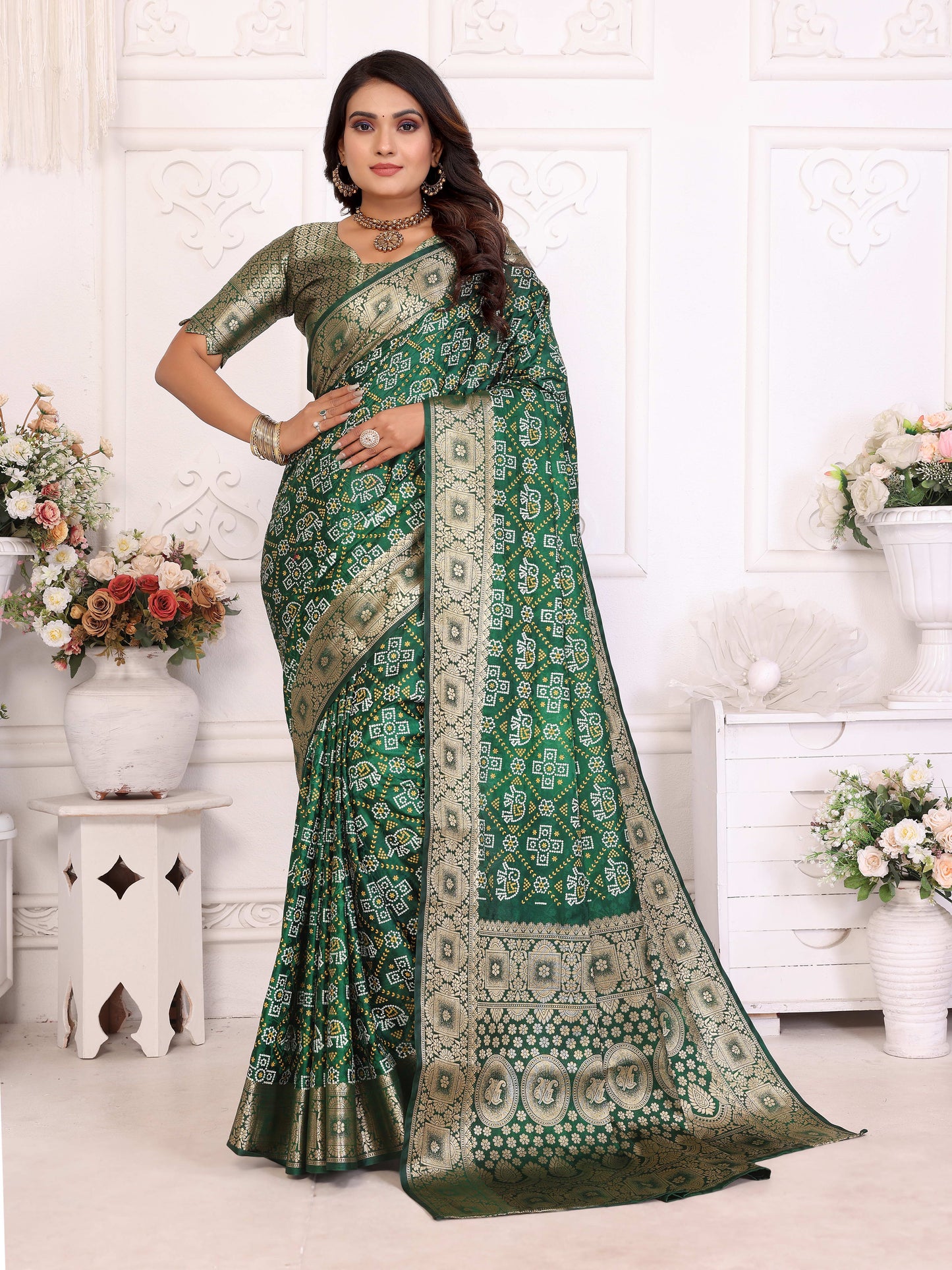Green Samshira Soft Satin Silk Bandhej Print Saree With Zari Border Design And Having Rich Pallu