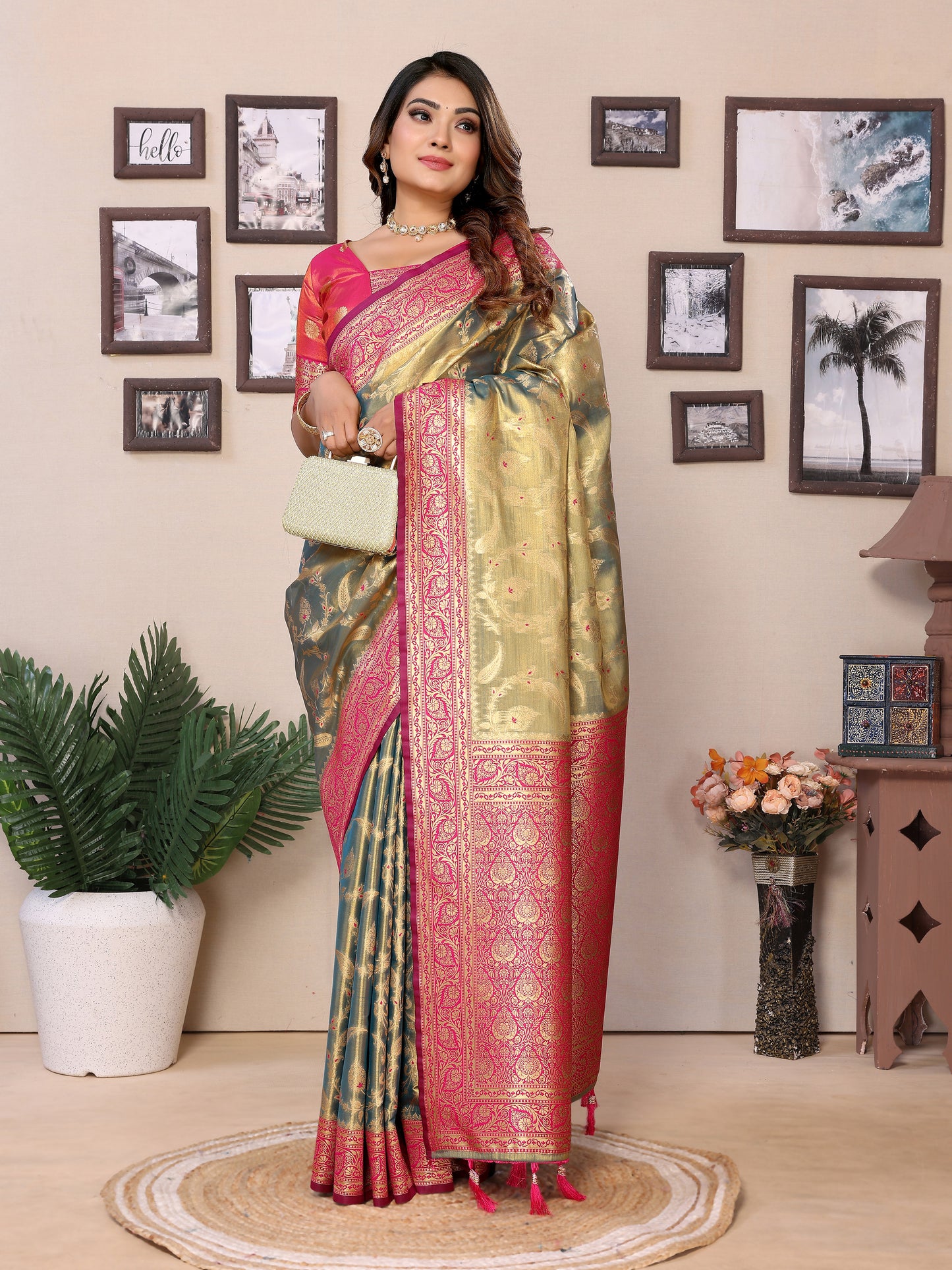 Mehndi-Green Hema pure Banarasi Tissues silk sarees Its soft and silky with Meenkari woven borders