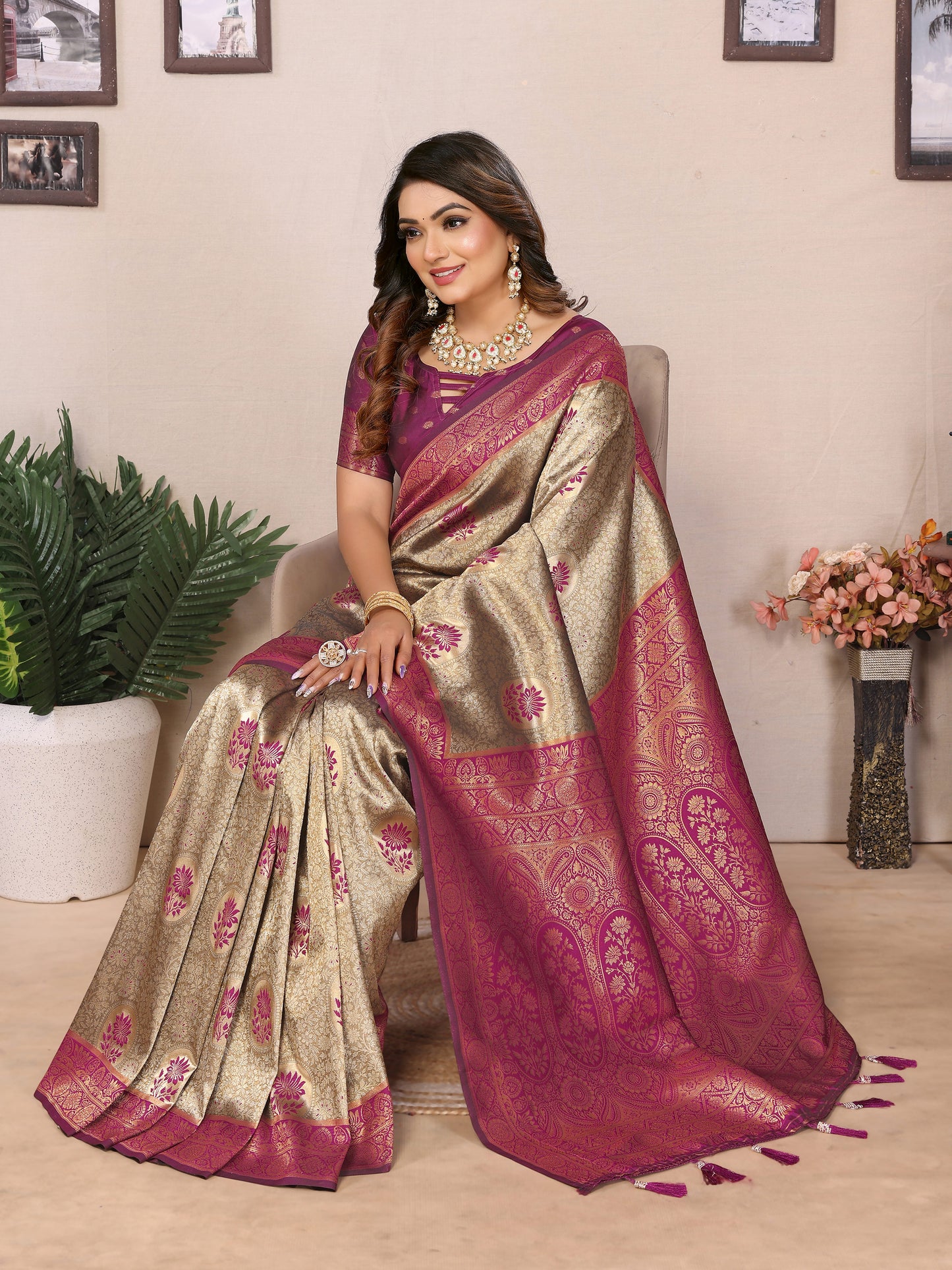 Wine Mahek Handloom Tissue Silk Sarees with Zari Weaving and Contrast Zari borders
