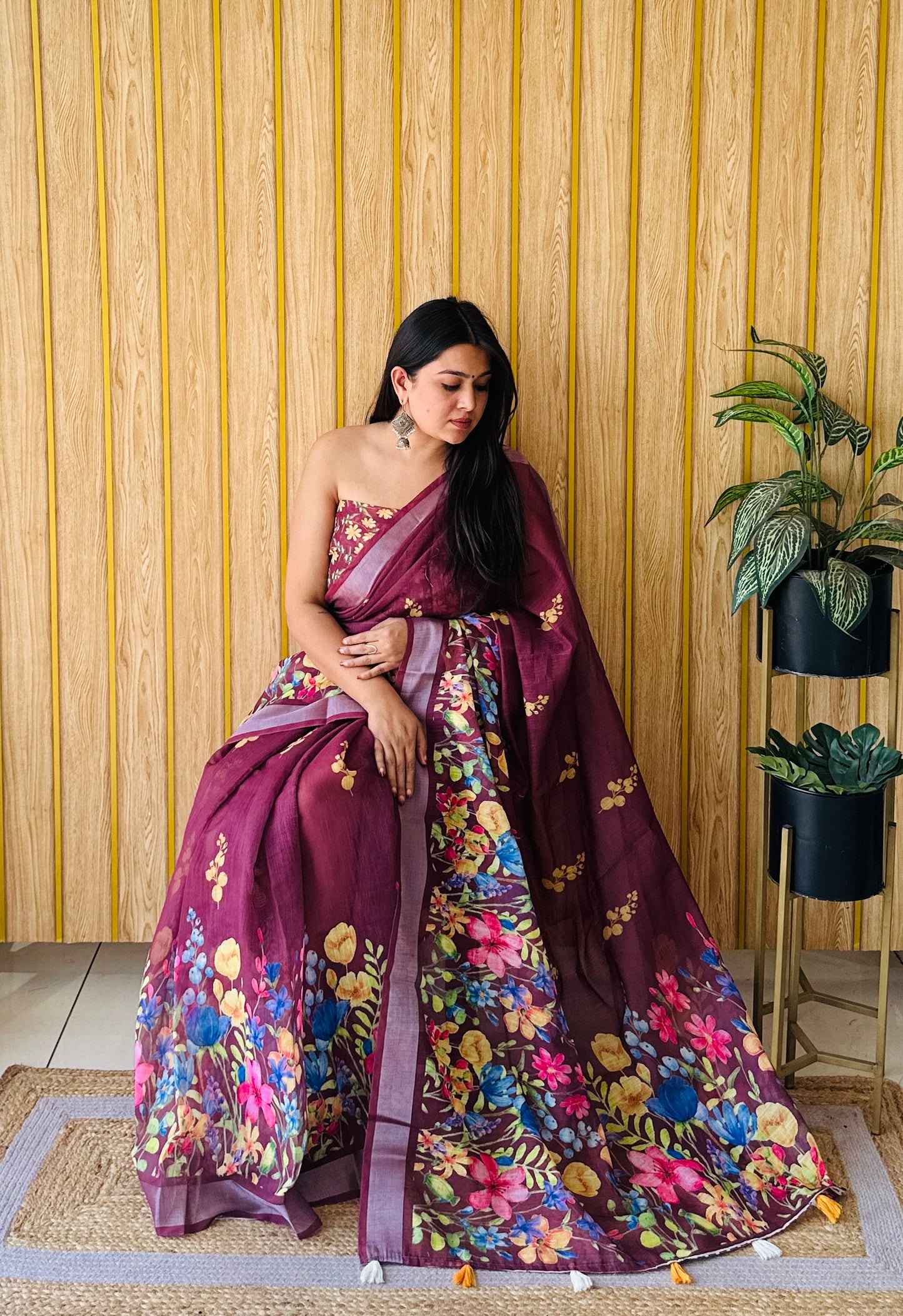 Wine Ritika Soft Linen Cotton Digital Print Saree With Batik Print With Silver Border