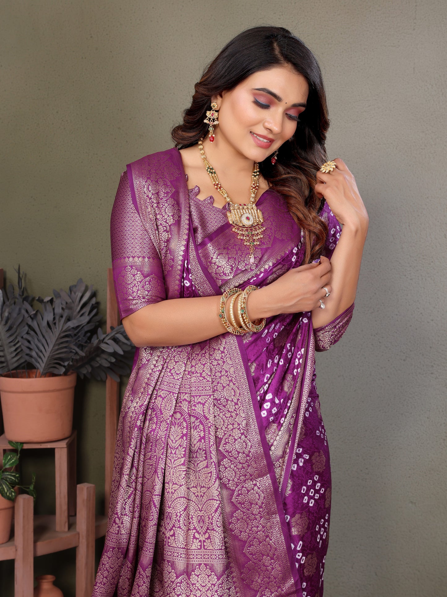 Purple Shakuntala Bandhej Silk Saree With Zari Weaving Butta & Zari Rich Pallu With Beautiful Design & Broad Border