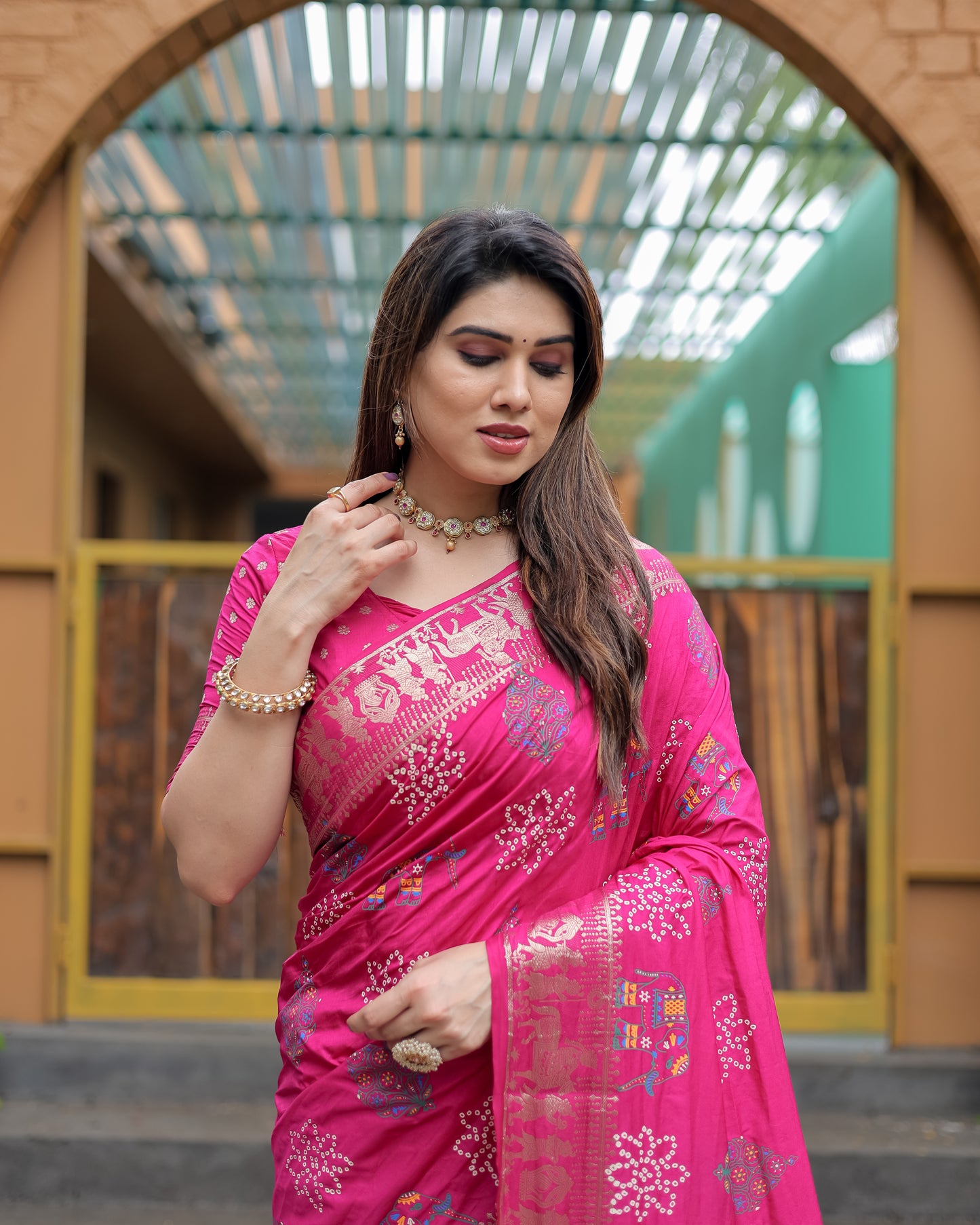 Pink Mastani Soft Dola Silk Bandhej Print Sarees With Kanchi Weaving Border And Allover Zari Border