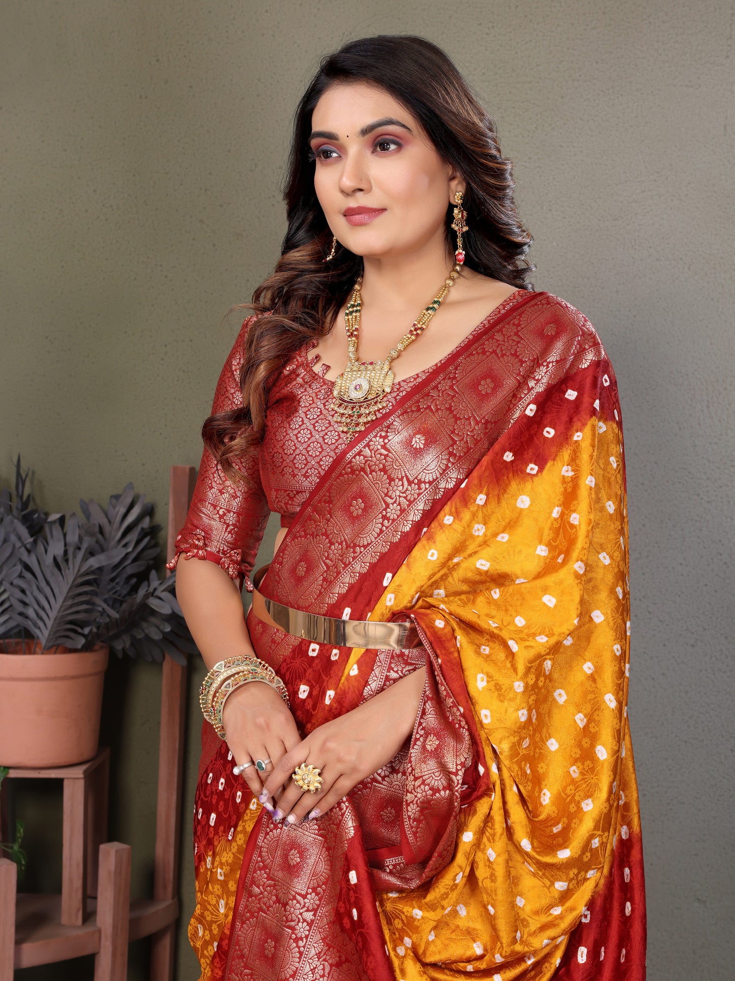 Yellow Satyavati Bandhej Satin Silk Saree Made By Original Bandhej With Zari Weaving Border