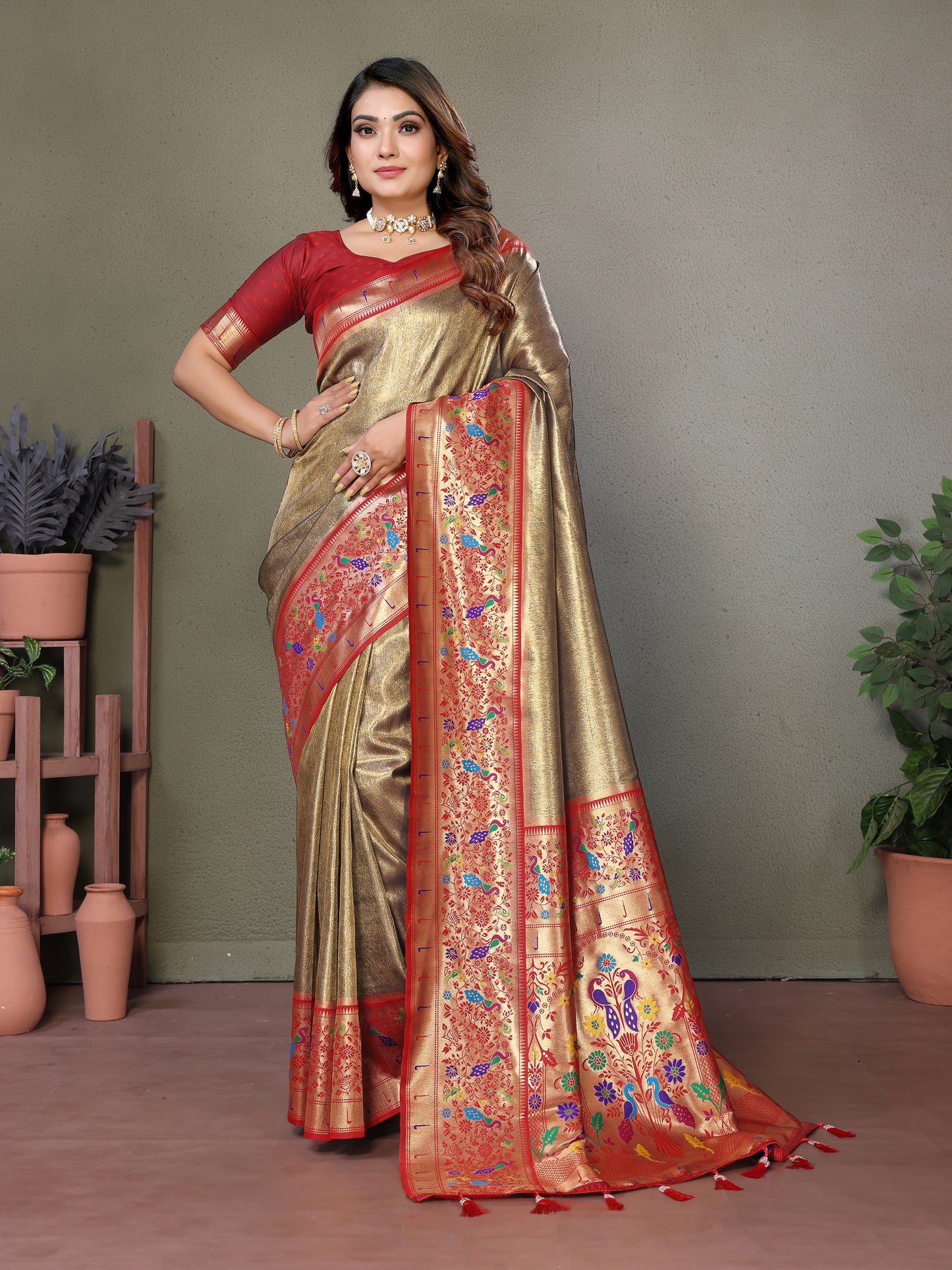 Red Mrudangi Pure Banarasi Tissue silk sarees contrast Paithani woven border classic pallu
