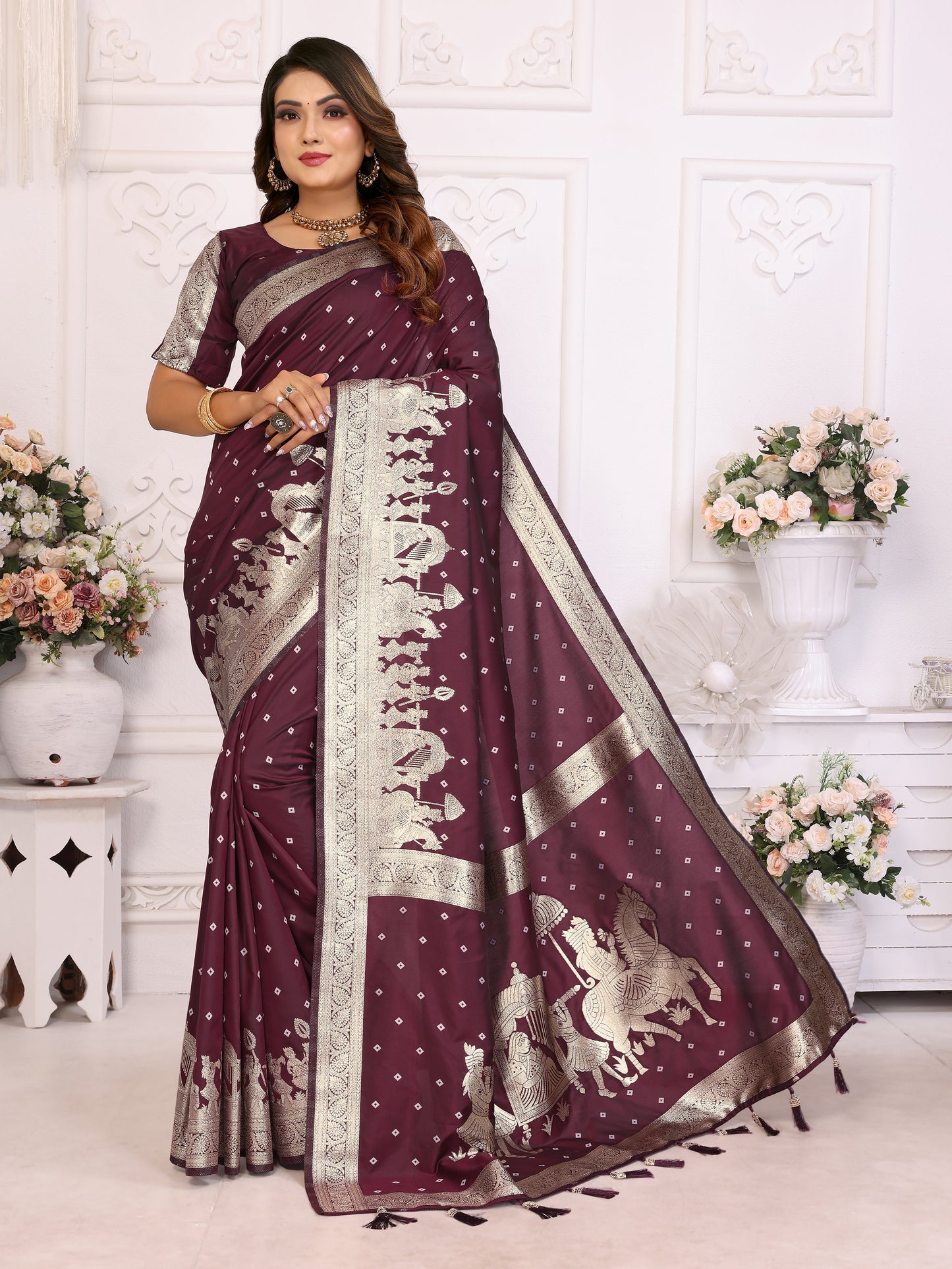 Dark Brown Heena summer kochi silk saree with beautiful Bandhej weaving work soft comfy....