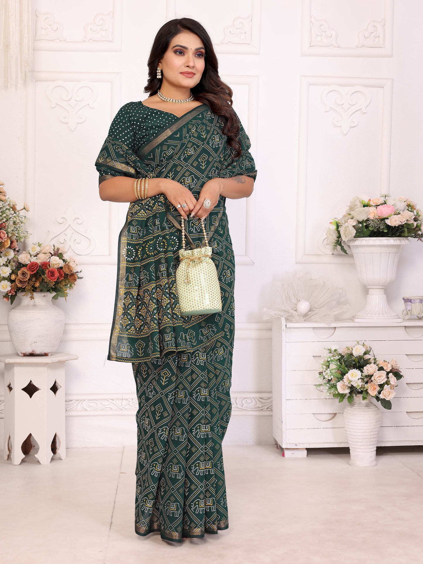 Green Ambika Pure Patola And Bandhej Pattern Soft Cotton Light Weight Saree
