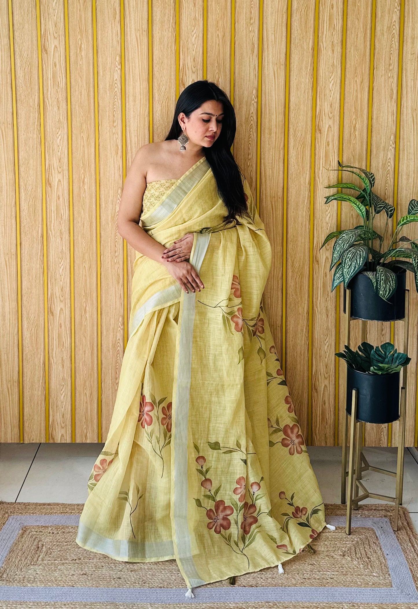 Yellow Namrata Soft Linen Cotton Digital Print Sarees With Batik Print With Silver Border