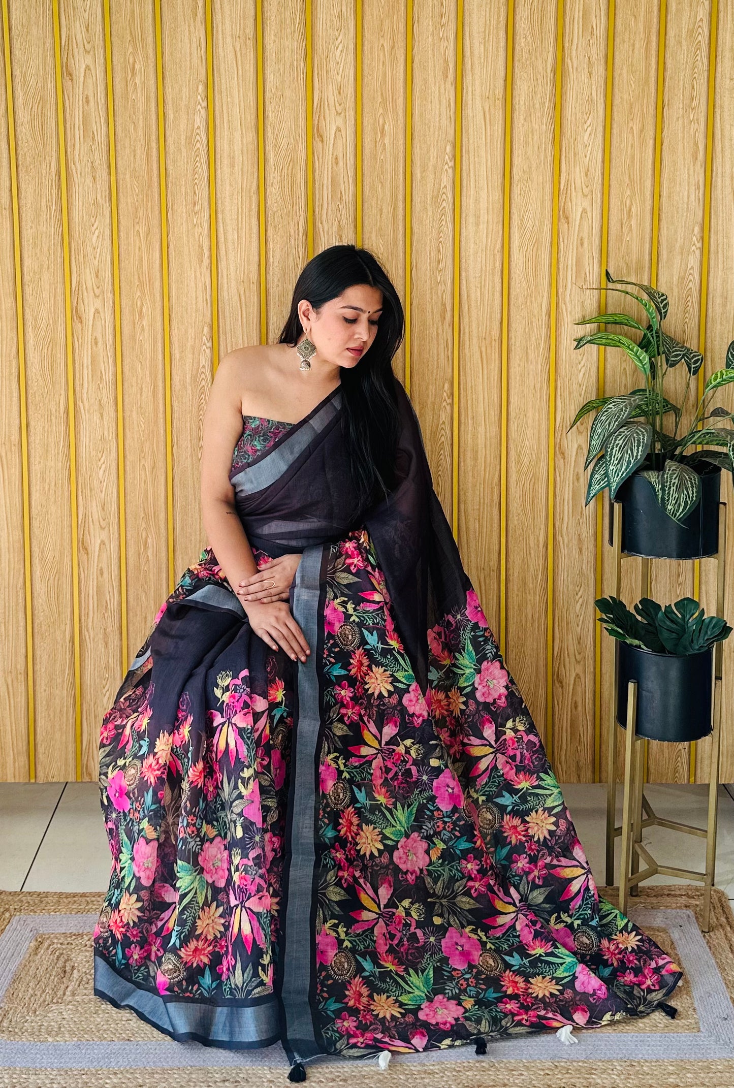 Black Mayuri Soft Linen Cotton Digital Print Saree With Batik Print With Silver Border
