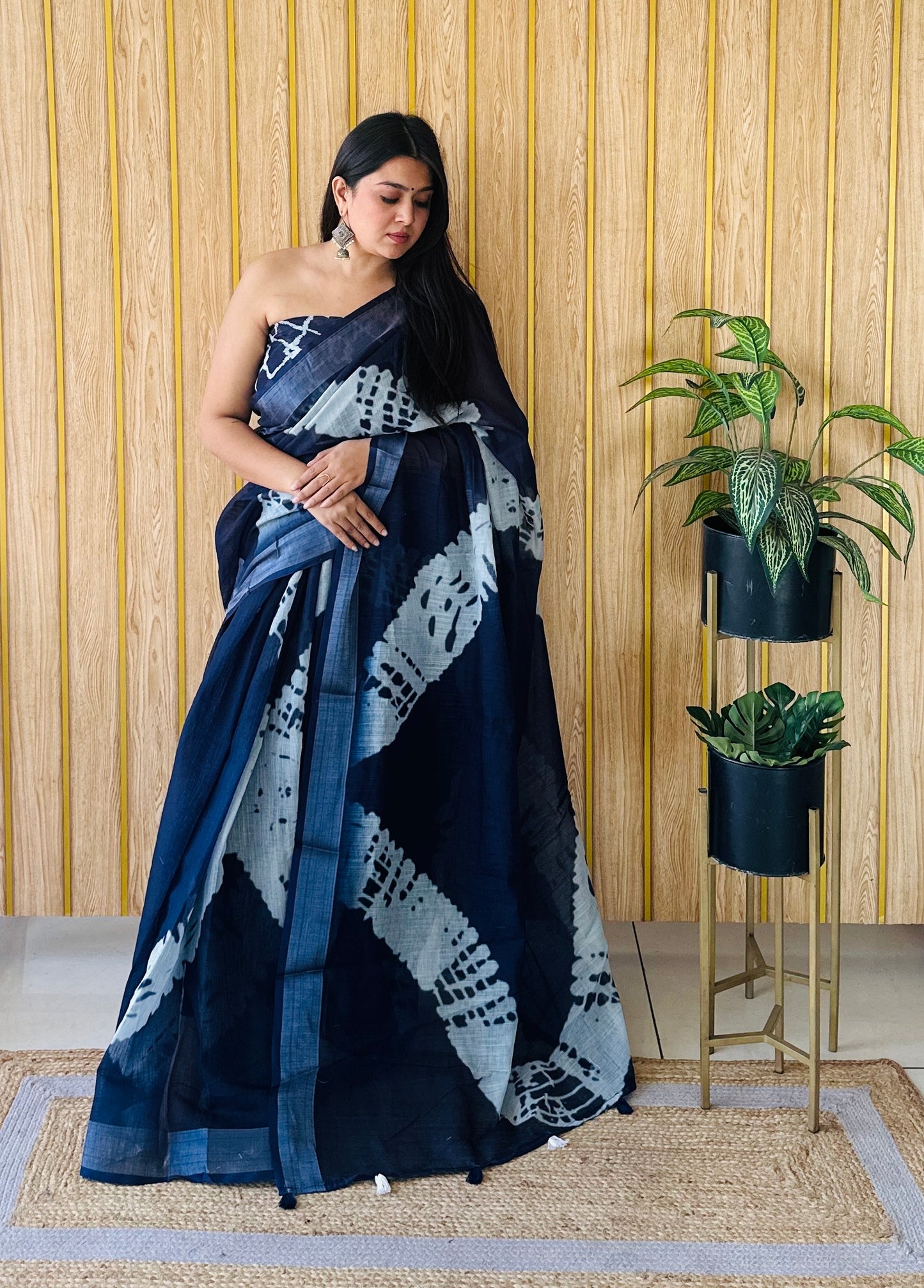 Navy Blue Aarya-3 Soft Linen Cotton Digital Print Sarees With Batik Print With Silver Border