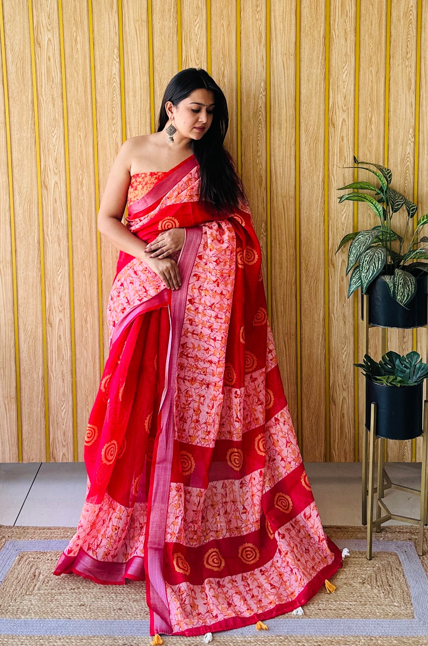 Dark Red Sampurna Soft Linen Cotton Digital Print Saree With Batik Print With Silver Border