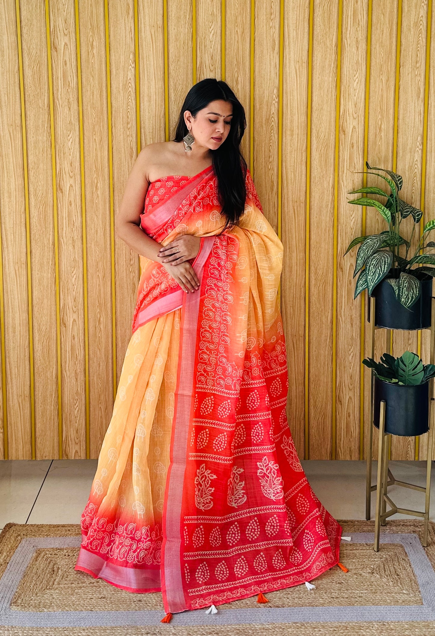 Yellow Khushboo Soft Linen Cotton Digital Print Sarees With Batik Print With Silver Border