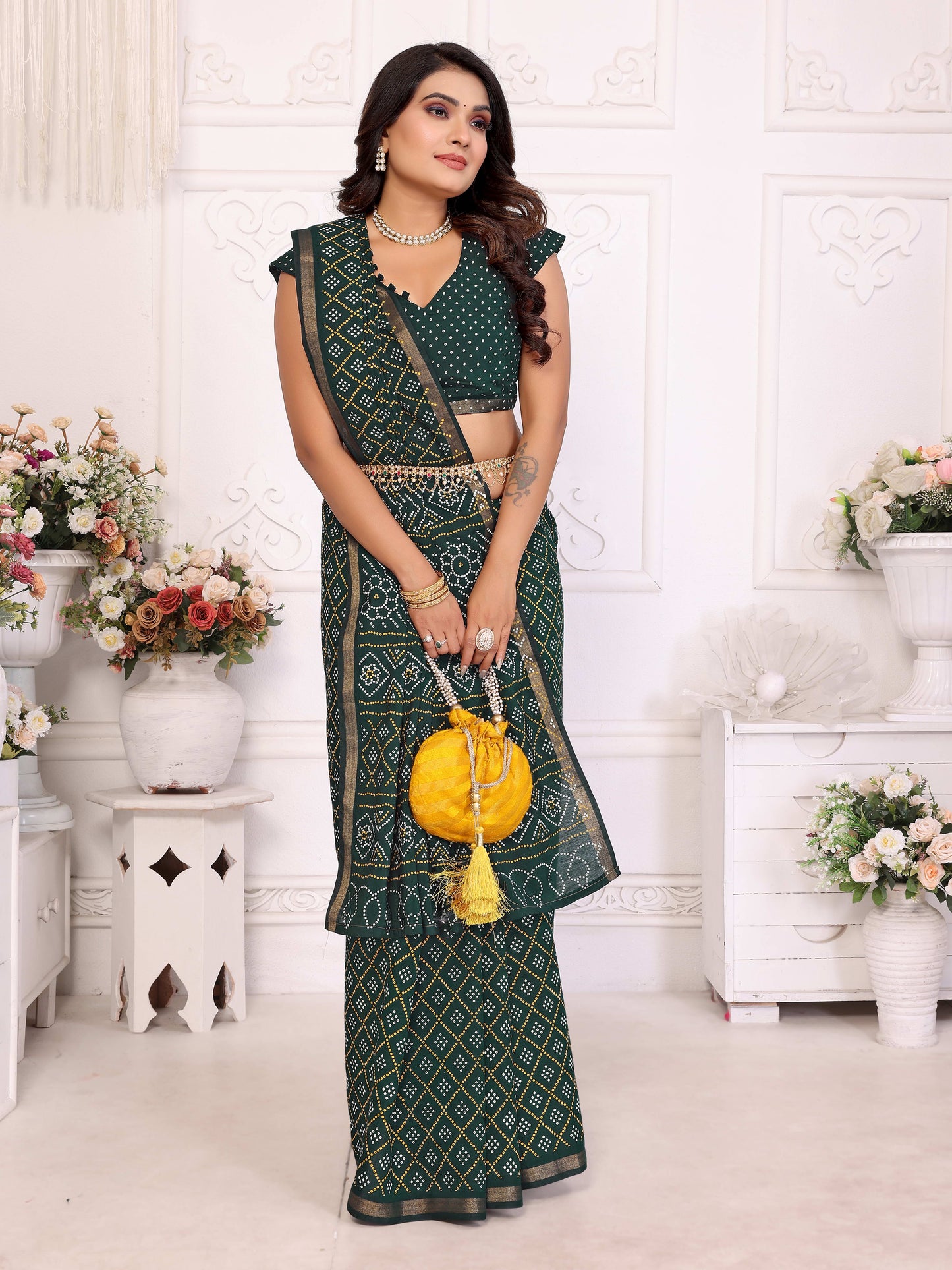 Green Amba Pure Patola And Bandhej Pattern Soft Cotton Light Weight Saree