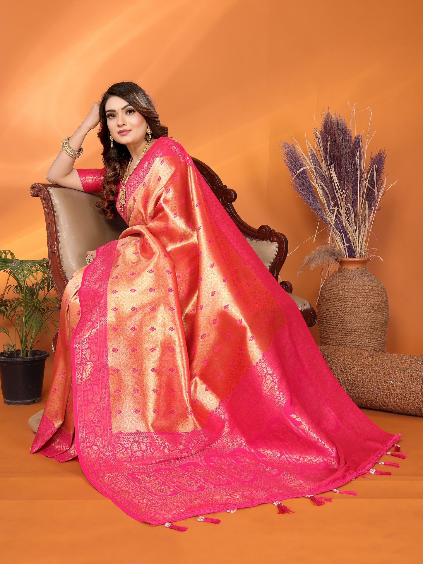Orange Devika Handloom Tissue Silk Sarees with Zari Weaving and Contrast Zari woven borders