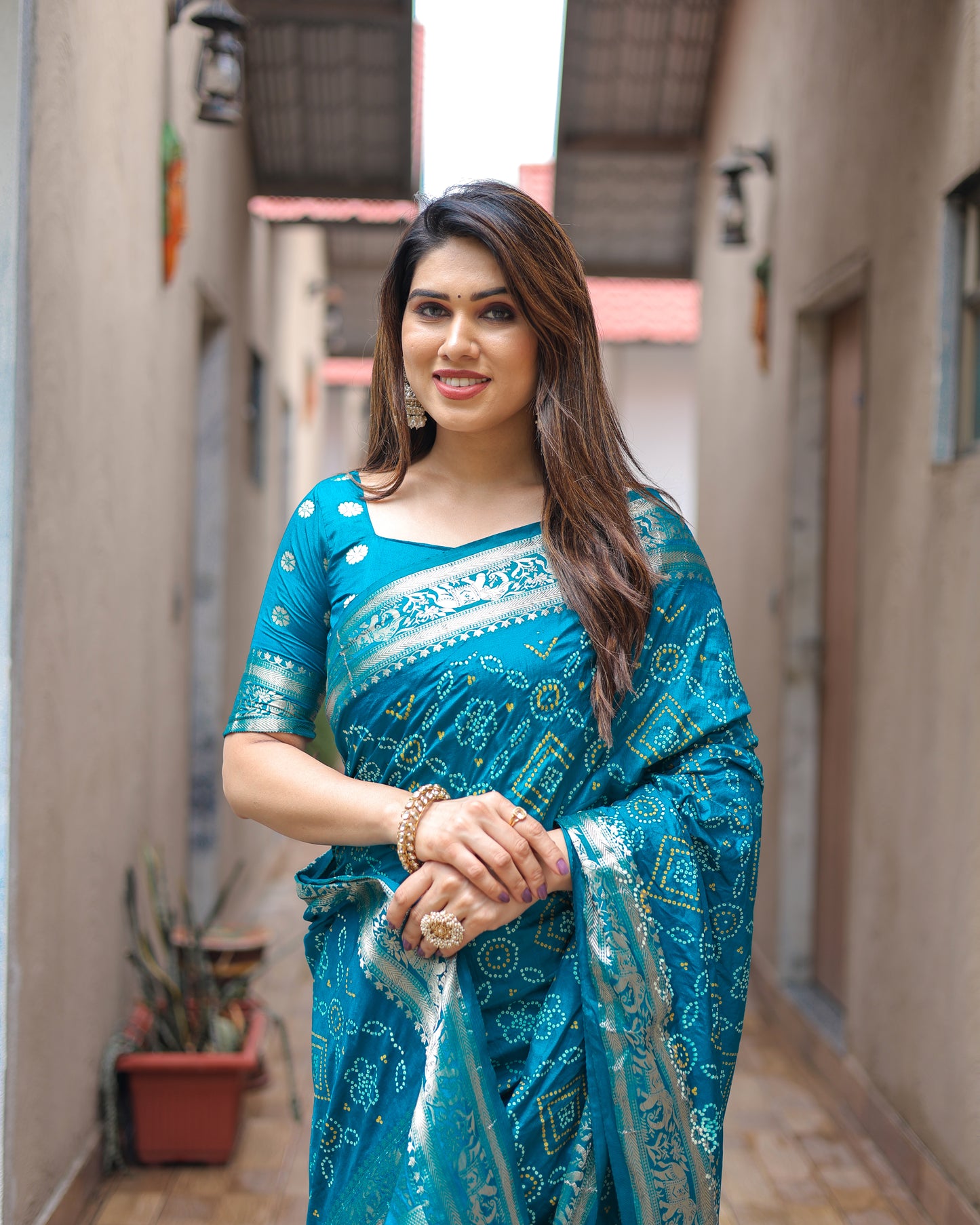 Sky Pushpavati Soft Dola Silk Bandhej Sarees With Kanchi Weaving Border With Multicolour Bandhej Block Print Design