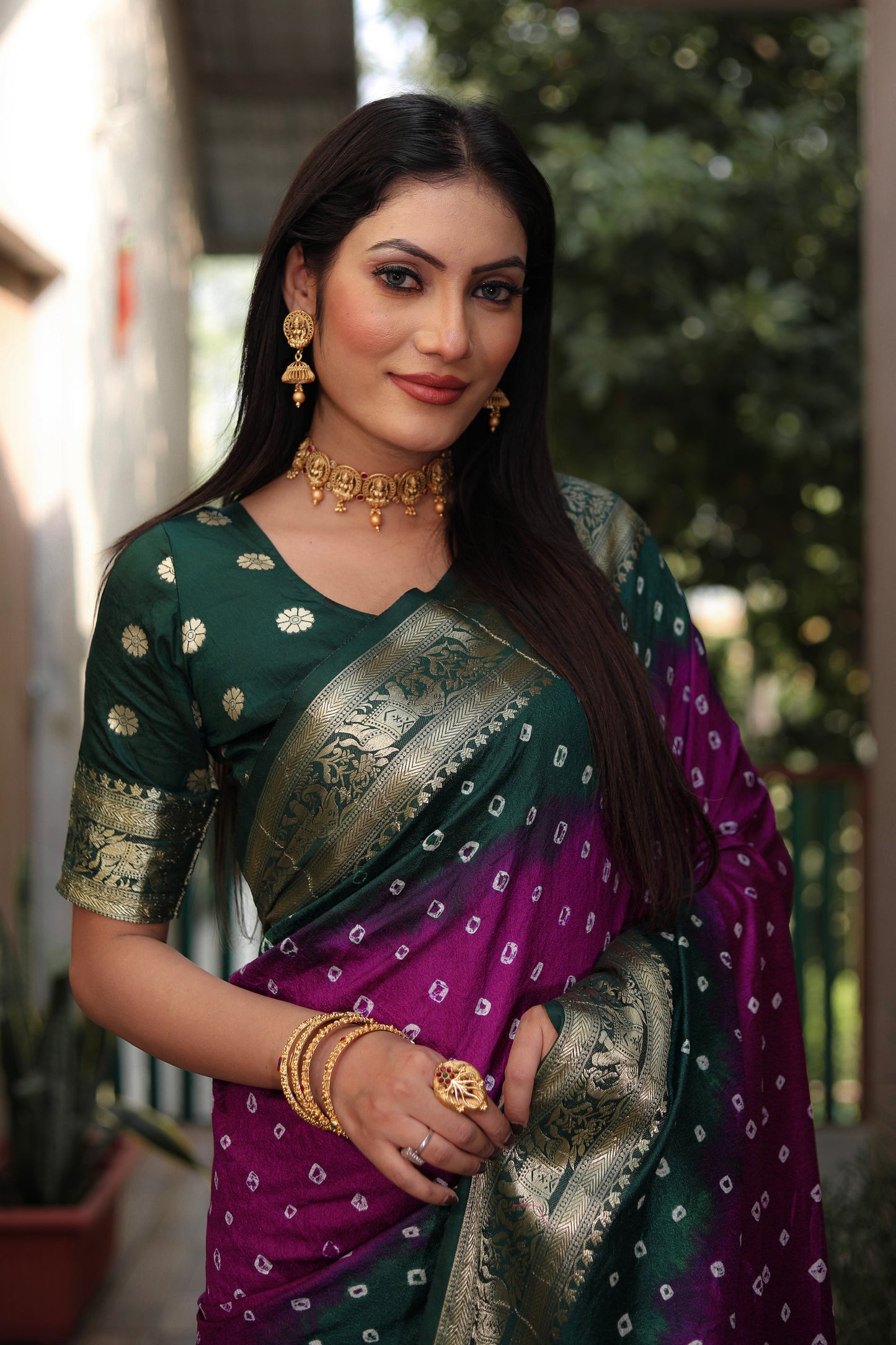 Purple Vahini Pure Bandhej Silk Saree With Bandhej Border & Zari Weaving Rich Tissue Pallu
