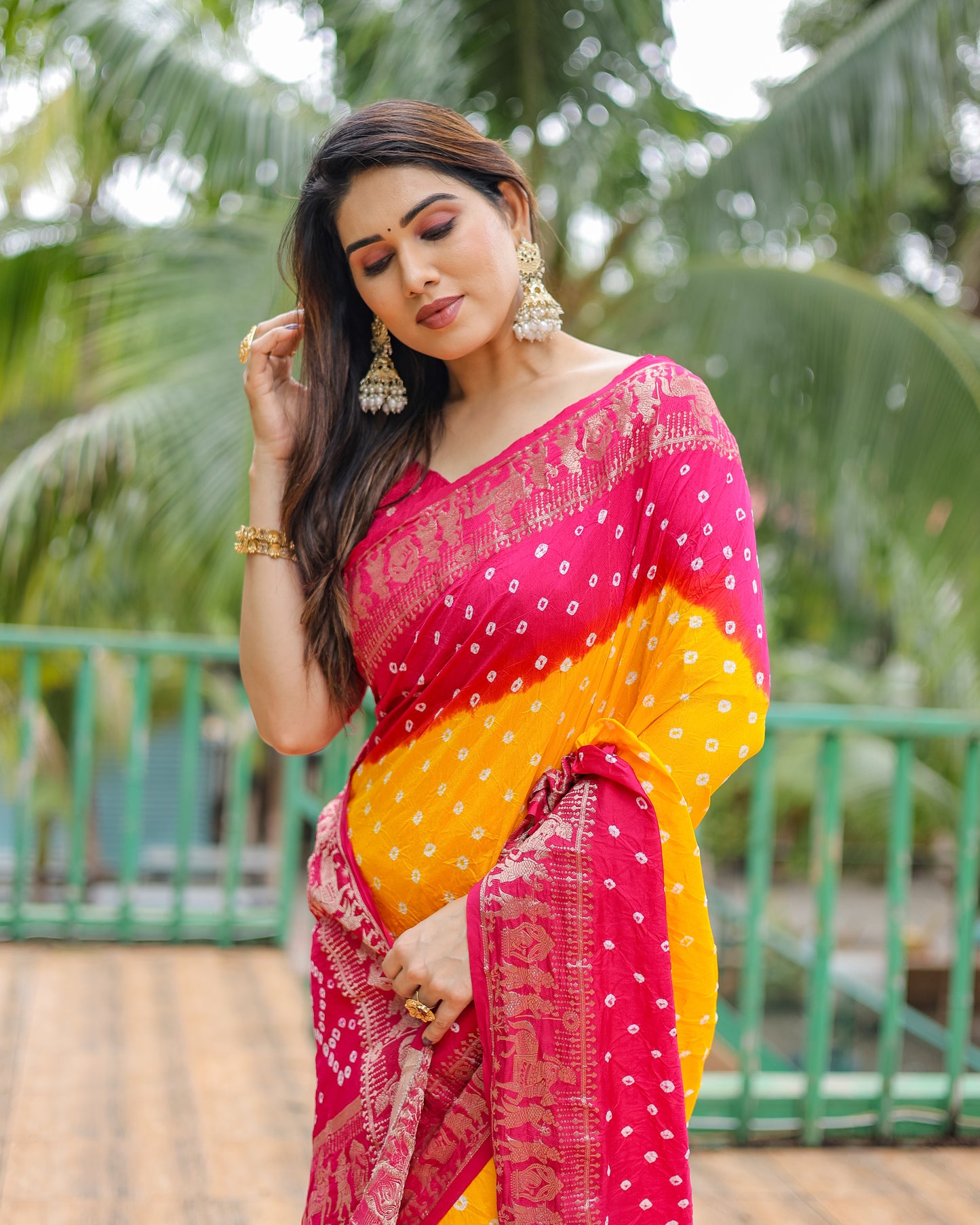 Yellow Vamika Pure Bandhej Silk Saree With Bandhej Border & Zari Weaving Rich Tissue Pallu
