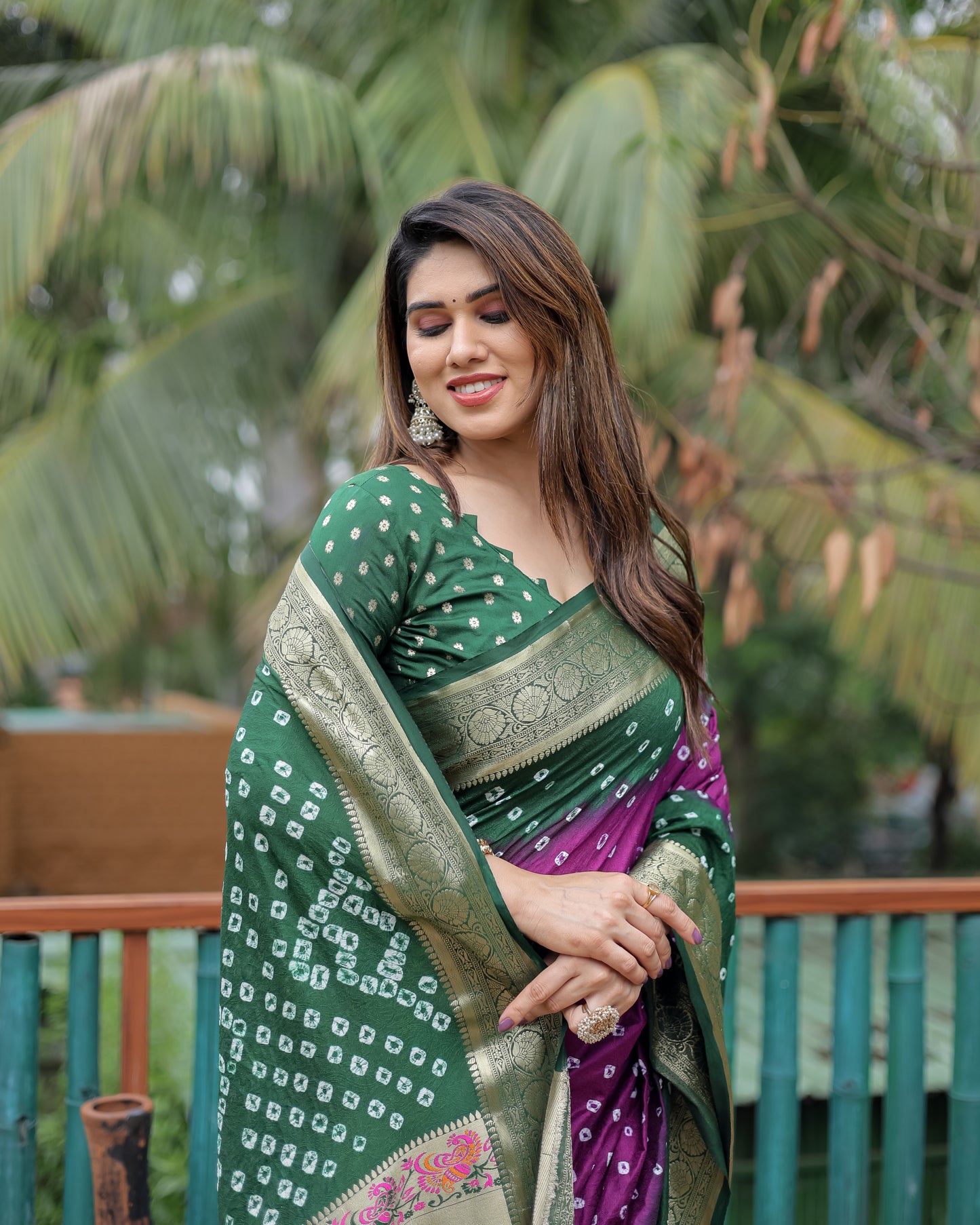 Purple Devika Dola Soft Silk Bandhej Sarees Jari Paithani Weaving Border & Weaving Paithani Style Rich Pallu