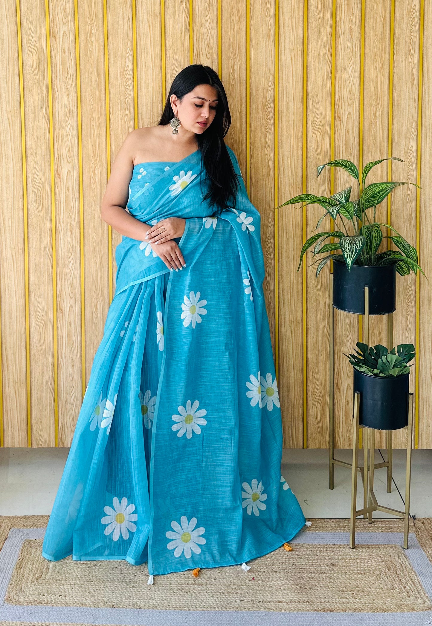 Sky Blue Champa-1 Soft Linen Cotton Digital Print Sarees With Flower Print & Printed Pallu