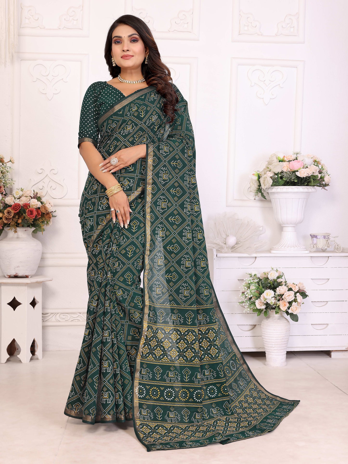 Green Ambika Pure Patola And Bandhej Pattern Soft Cotton Light Weight Saree