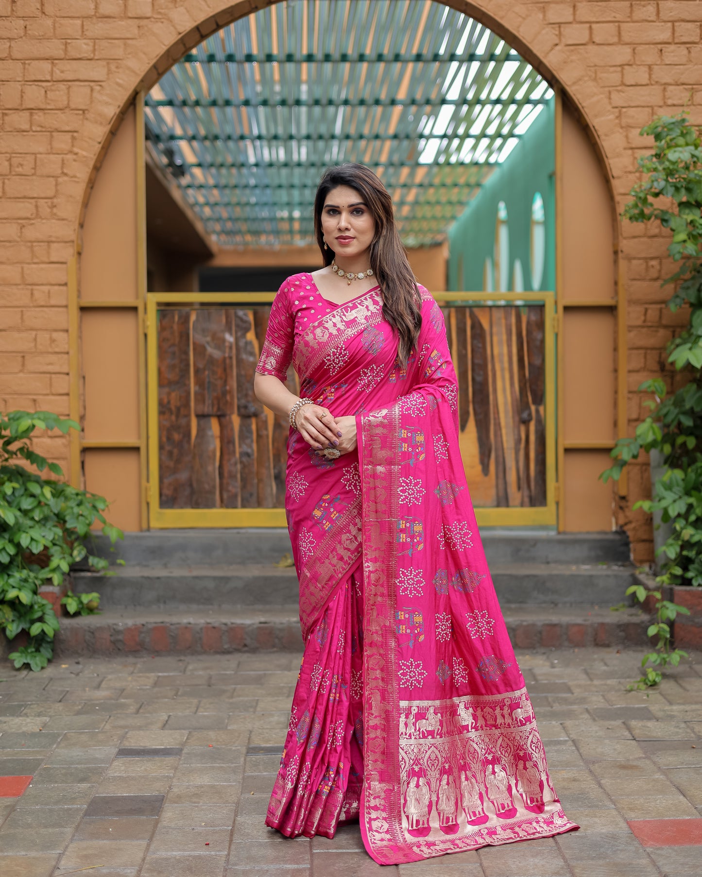 Pink Mastani Soft Dola Silk Bandhej Print Sarees With Kanchi Weaving Border And Allover Zari Border