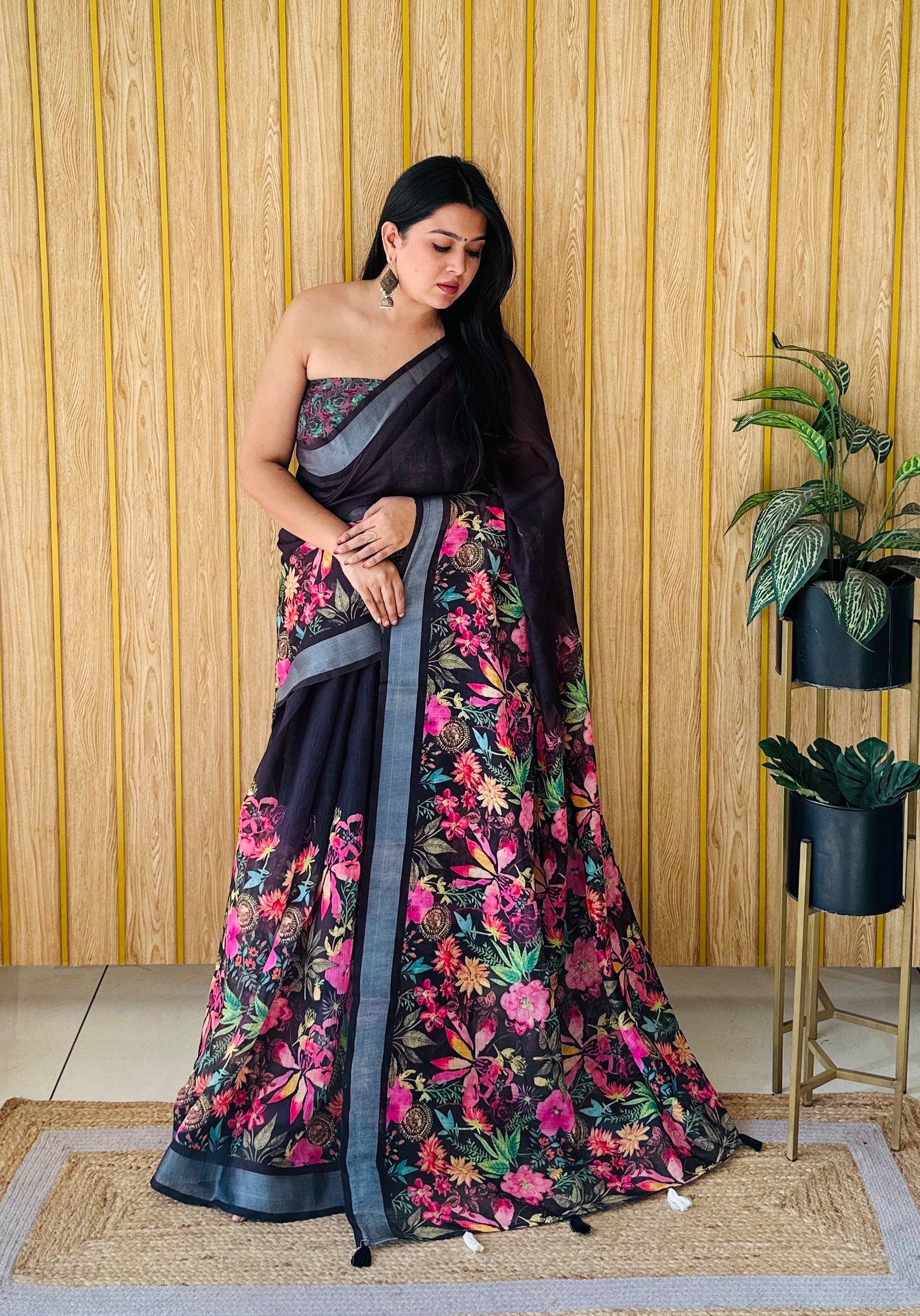 Black Mayuri Soft Linen Cotton Digital Print Saree With Batik Print With Silver Border