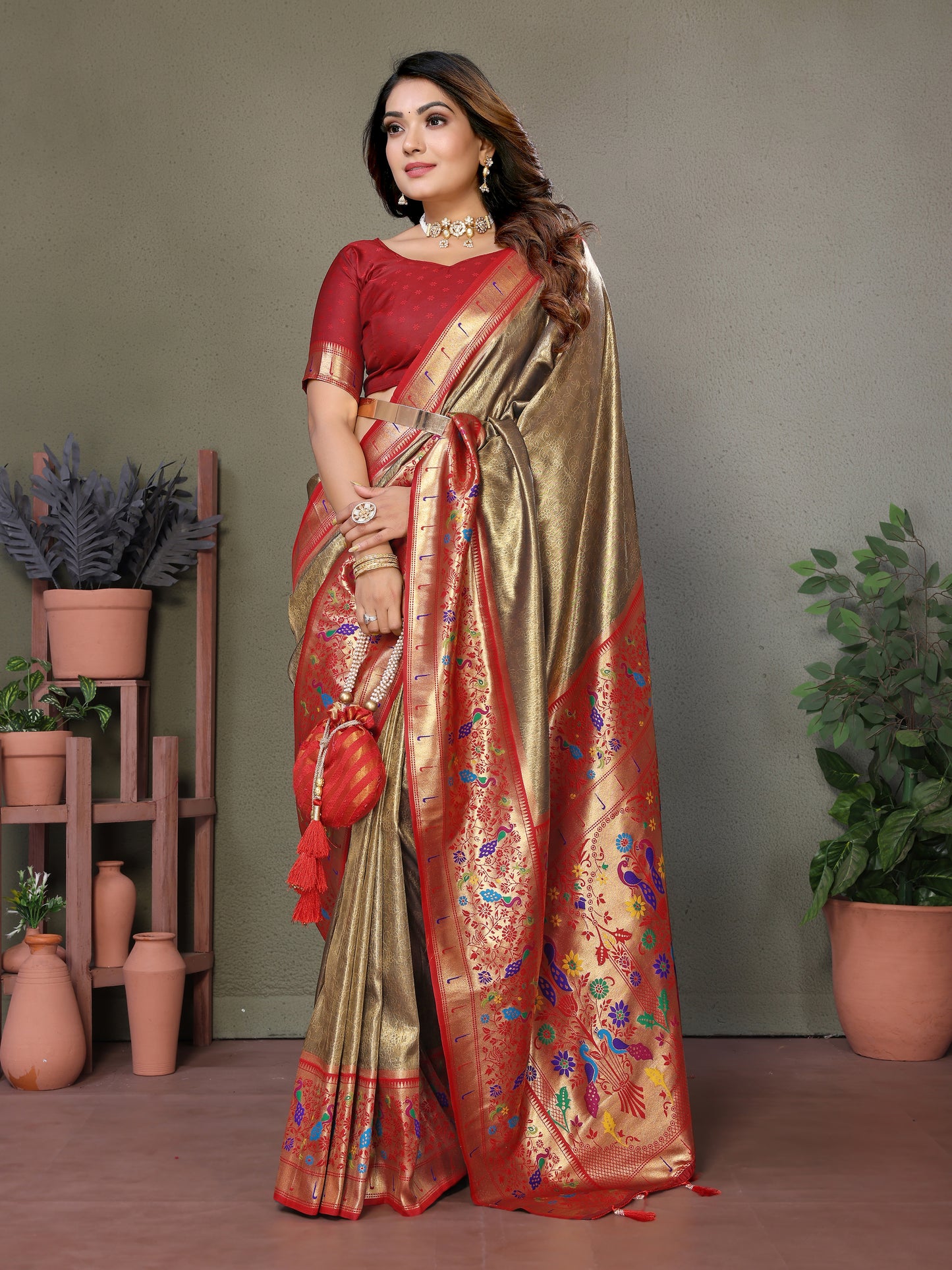 Red Mrudangi Pure Banarasi Tissue silk sarees contrast Paithani woven border classic pallu