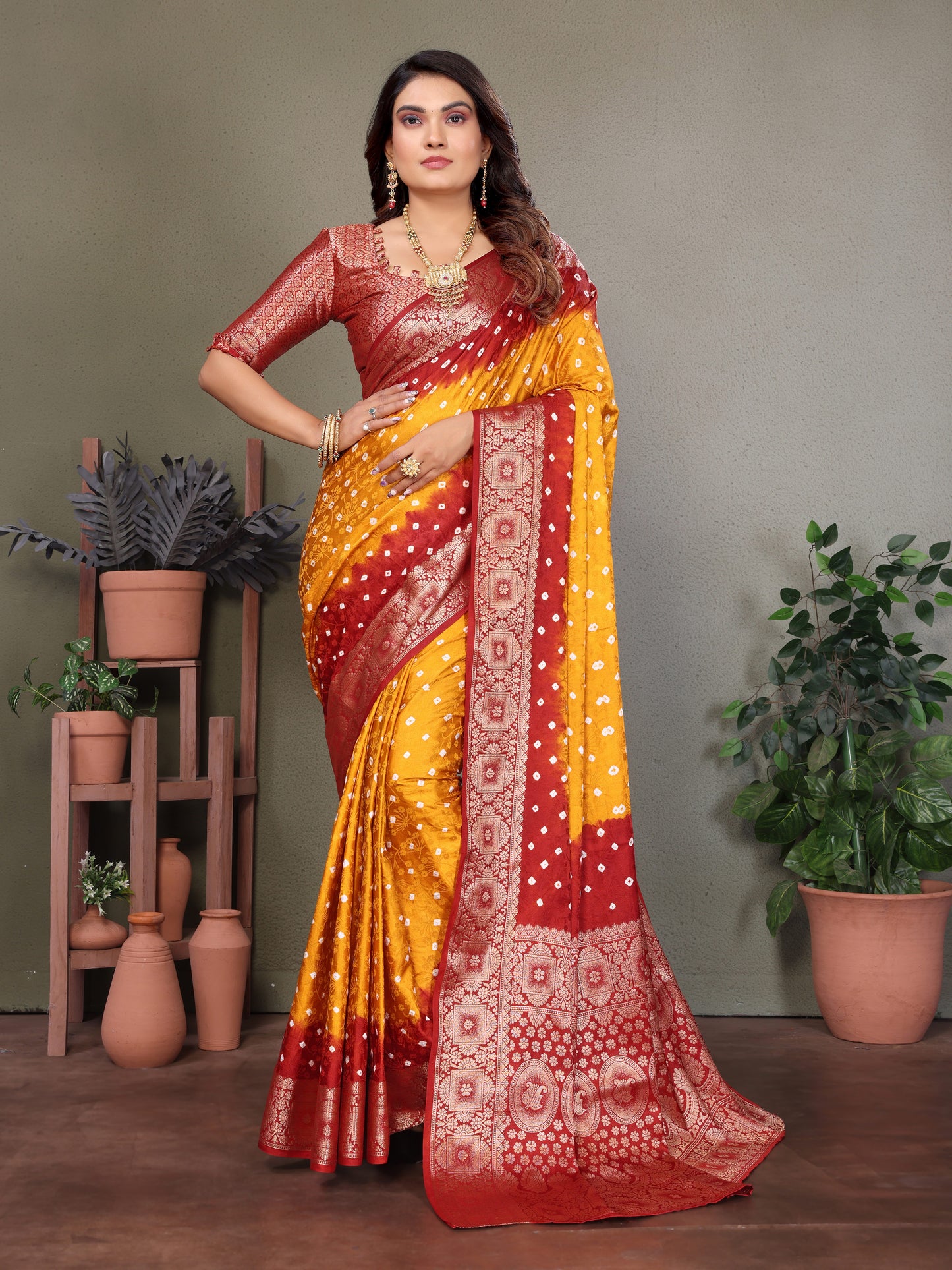 Yellow Satyavati Bandhej Satin Silk Saree Made By Original Bandhej With Zari Weaving Border