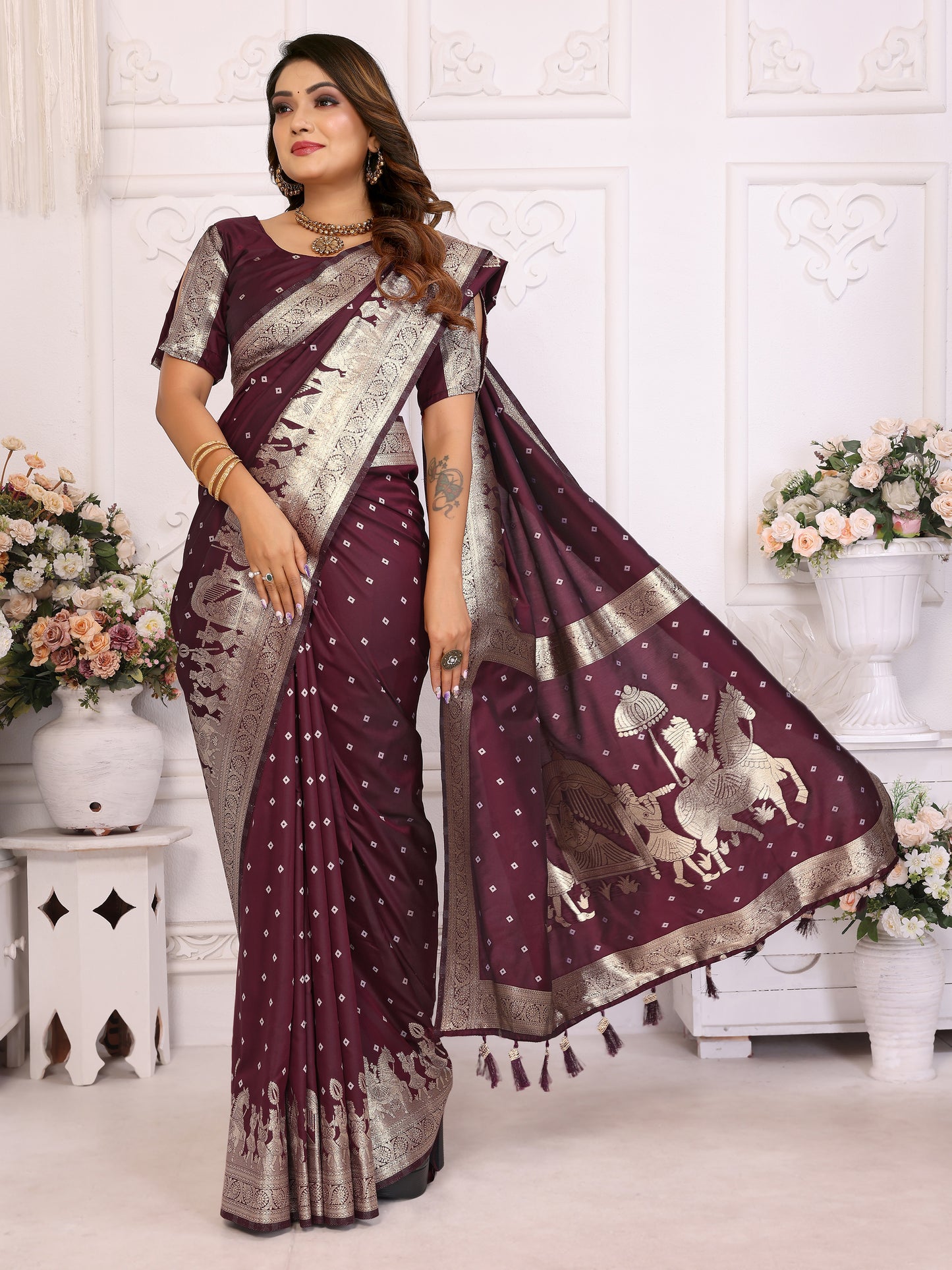 Dark Brown Heena summer kochi silk saree with beautiful Bandhej weaving work soft comfy....