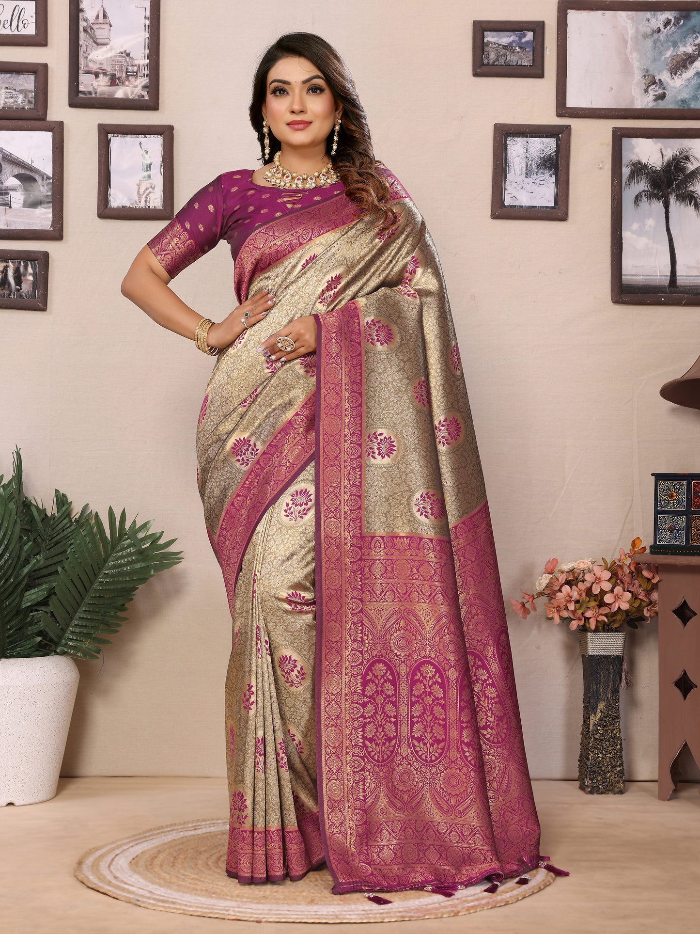 Wine Mahek Handloom Tissue Silk Sarees with Zari Weaving and Contrast Zari borders