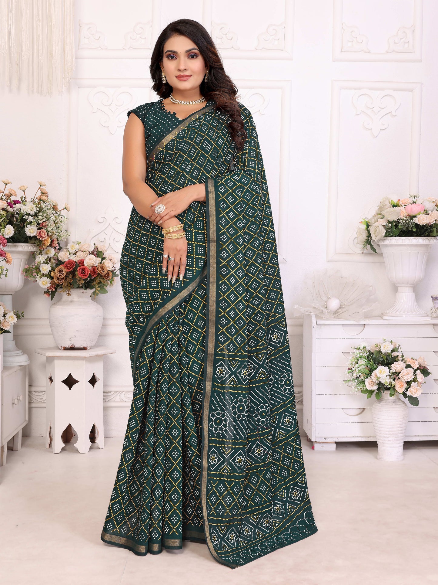 Green Amba Pure Patola And Bandhej Pattern Soft Cotton Light Weight Saree