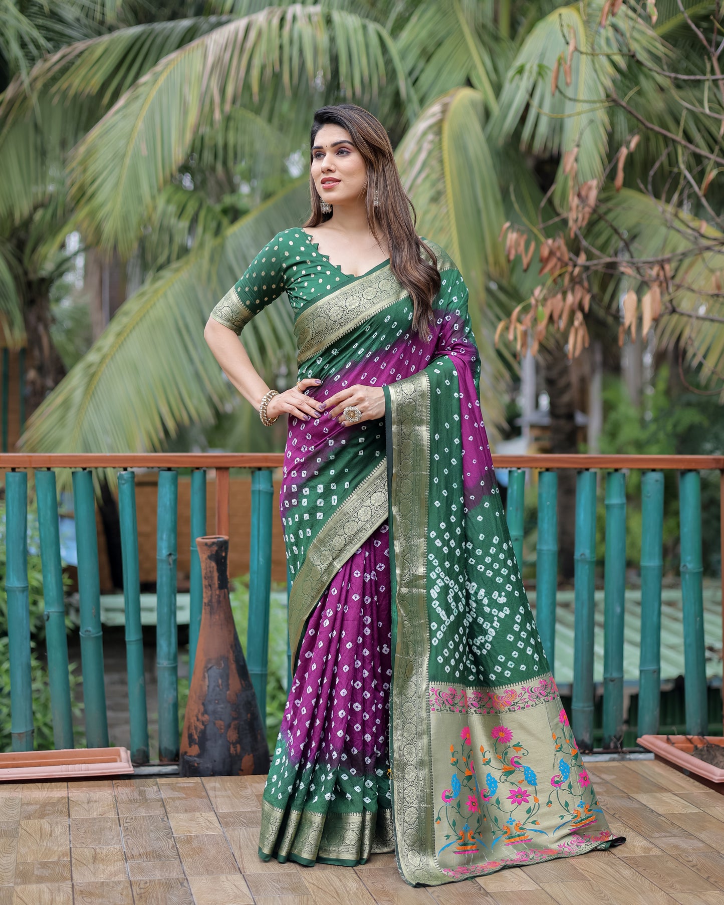 Purple Devika Dola Soft Silk Bandhej Sarees Jari Paithani Weaving Border & Weaving Paithani Style Rich Pallu