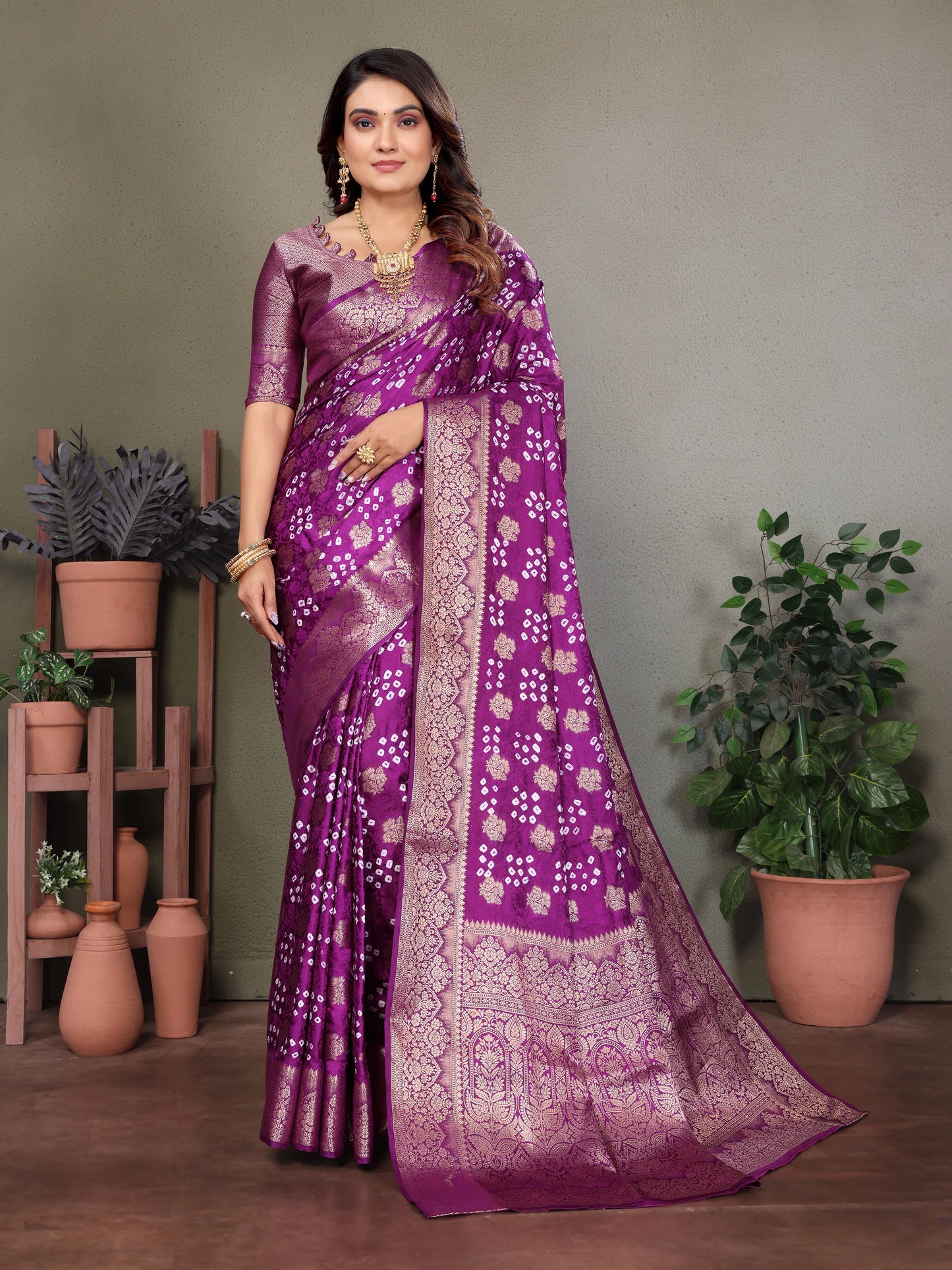 Purple Shakuntala Bandhej Silk Saree With Zari Weaving Butta & Zari Rich Pallu With Beautiful Design & Broad Border