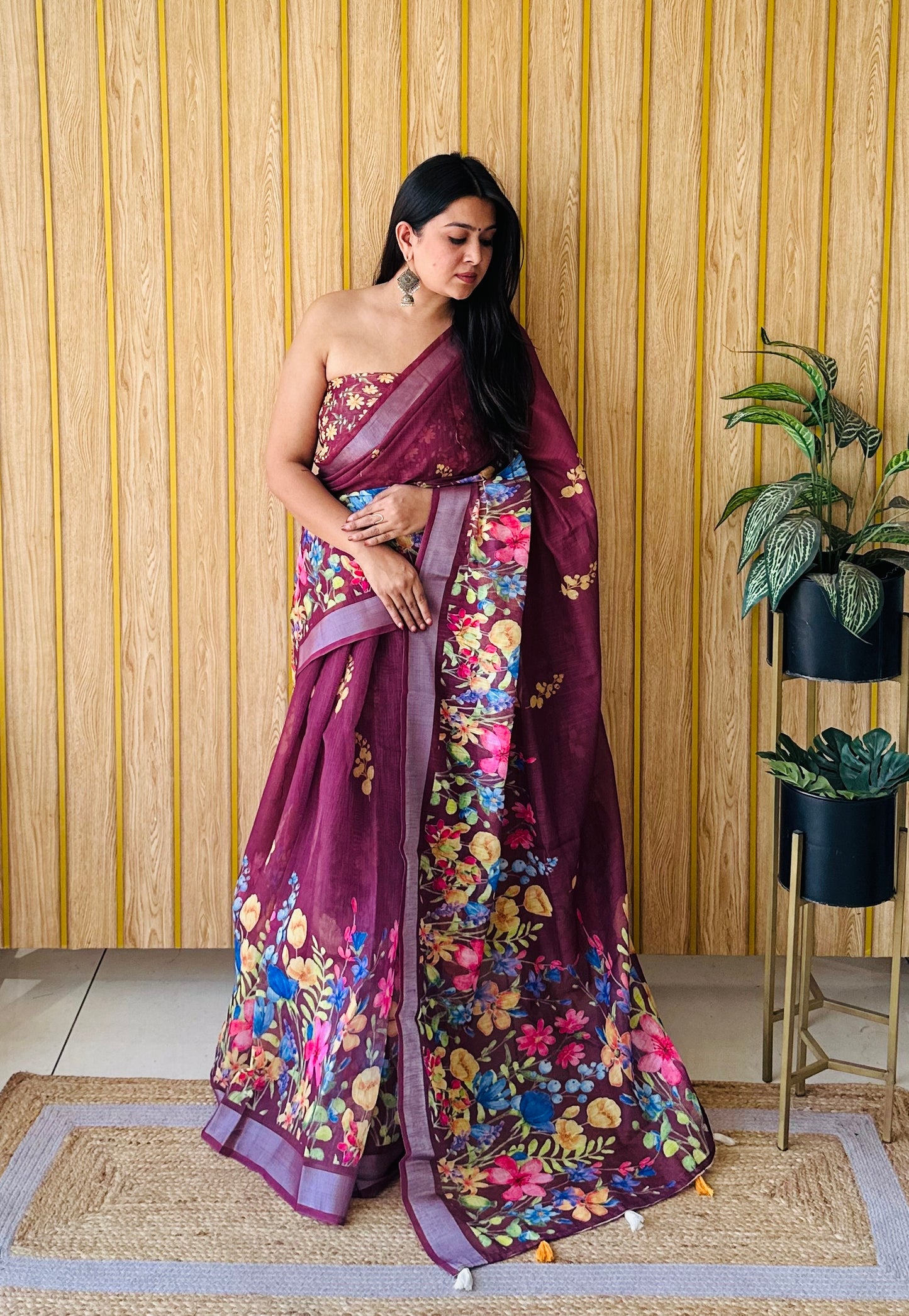 Wine Ritika Soft Linen Cotton Digital Print Saree With Batik Print With Silver Border