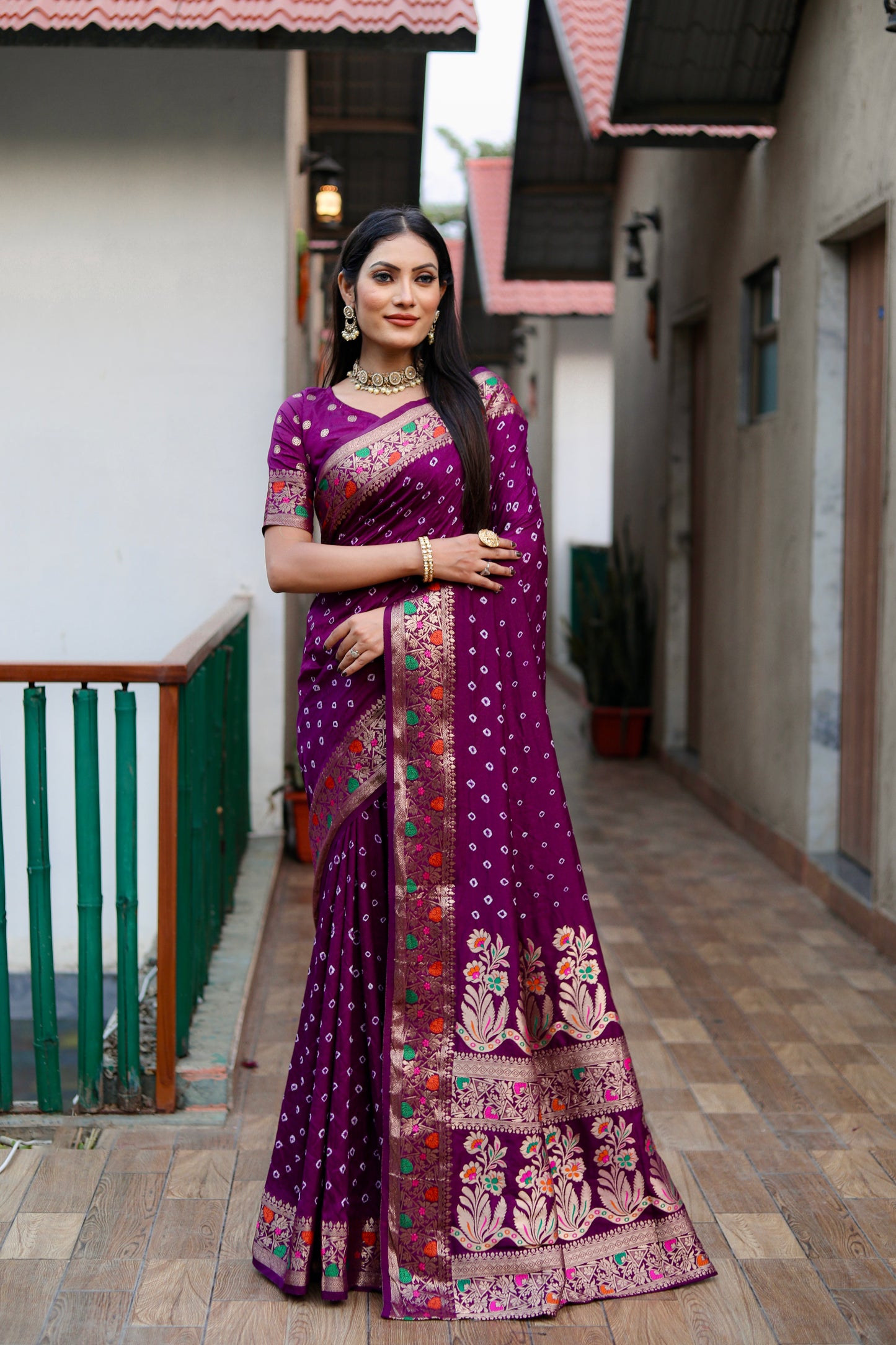 Purple Nazakat Pure Bandhej Silk Saree With Patola Border Zari Weaving Paithani And Paithani Rich Pallu