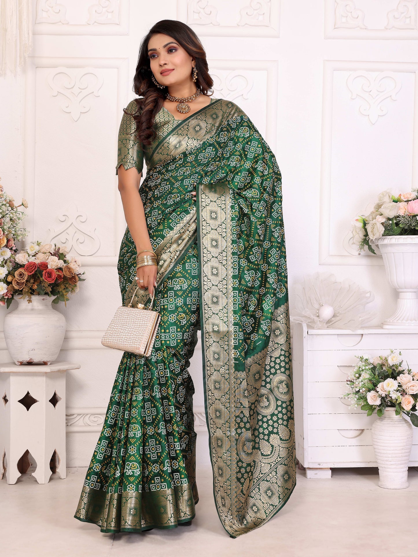 Green Samshira Soft Satin Silk Bandhej Print Saree With Zari Border Design And Having Rich Pallu