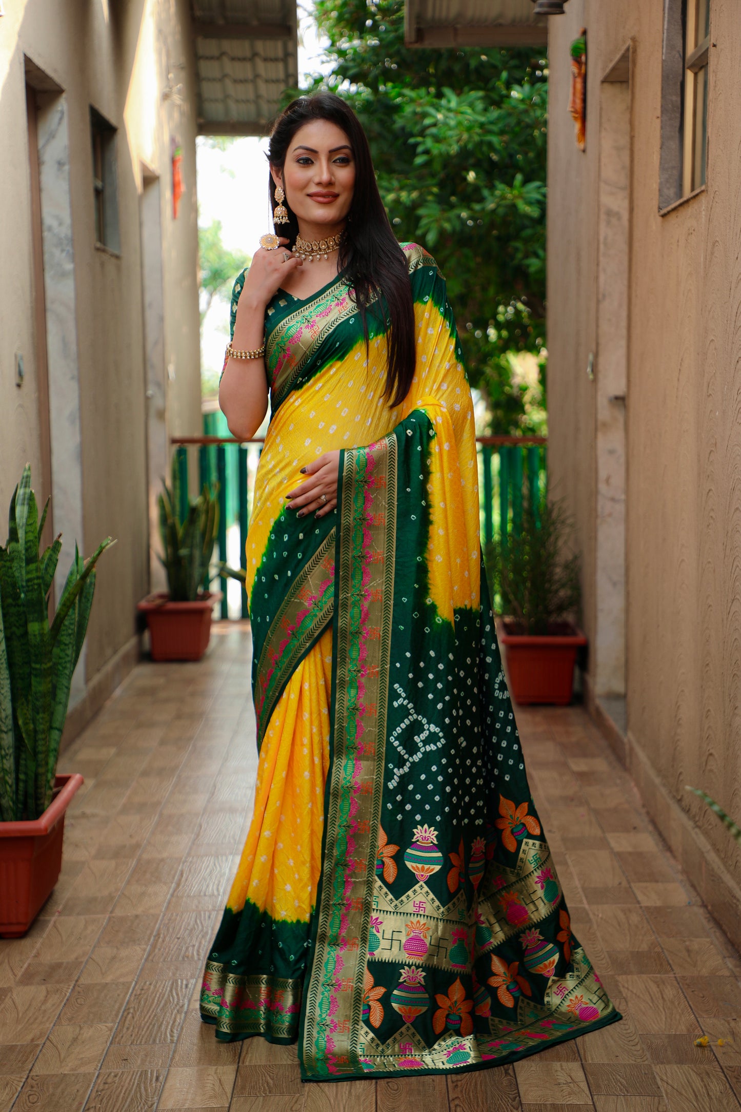 Yellow Swastik Pure Bandhej Silk Saree With Minakari Border Kalash & Swastik Design Rich Pallu Saree