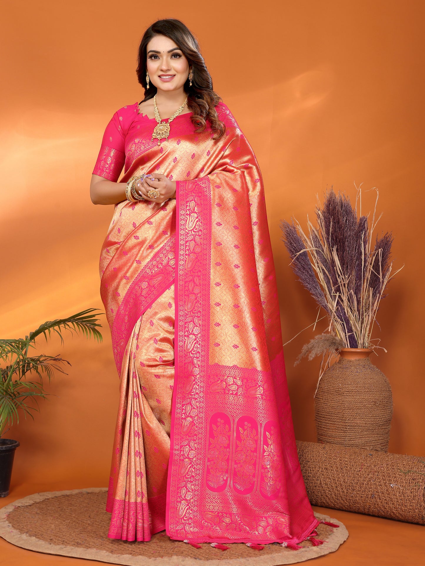 Orange Devika Handloom Tissue Silk Sarees with Zari Weaving and Contrast Zari woven borders