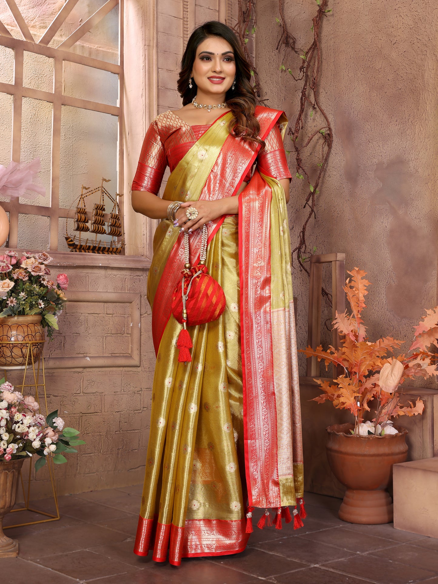 Light Green Anita Handloom Tissue Silk Sarees with Zari Weaving Designs and Zari borders Rich Pallu