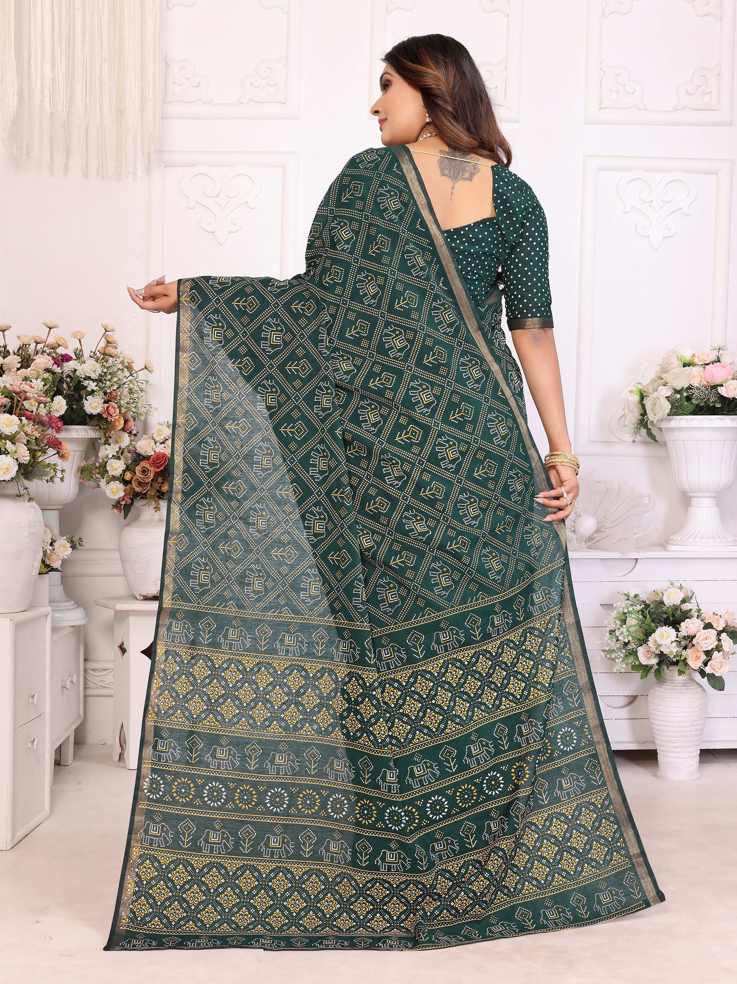 Green Ambika Pure Patola And Bandhej Pattern Soft Cotton Light Weight Saree