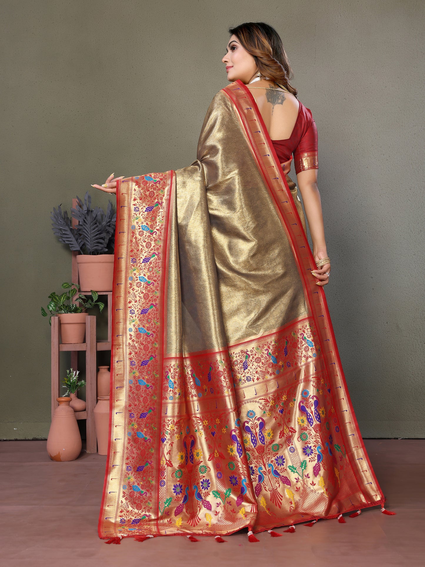Red Mrudangi Pure Banarasi Tissue silk sarees contrast Paithani woven border classic pallu