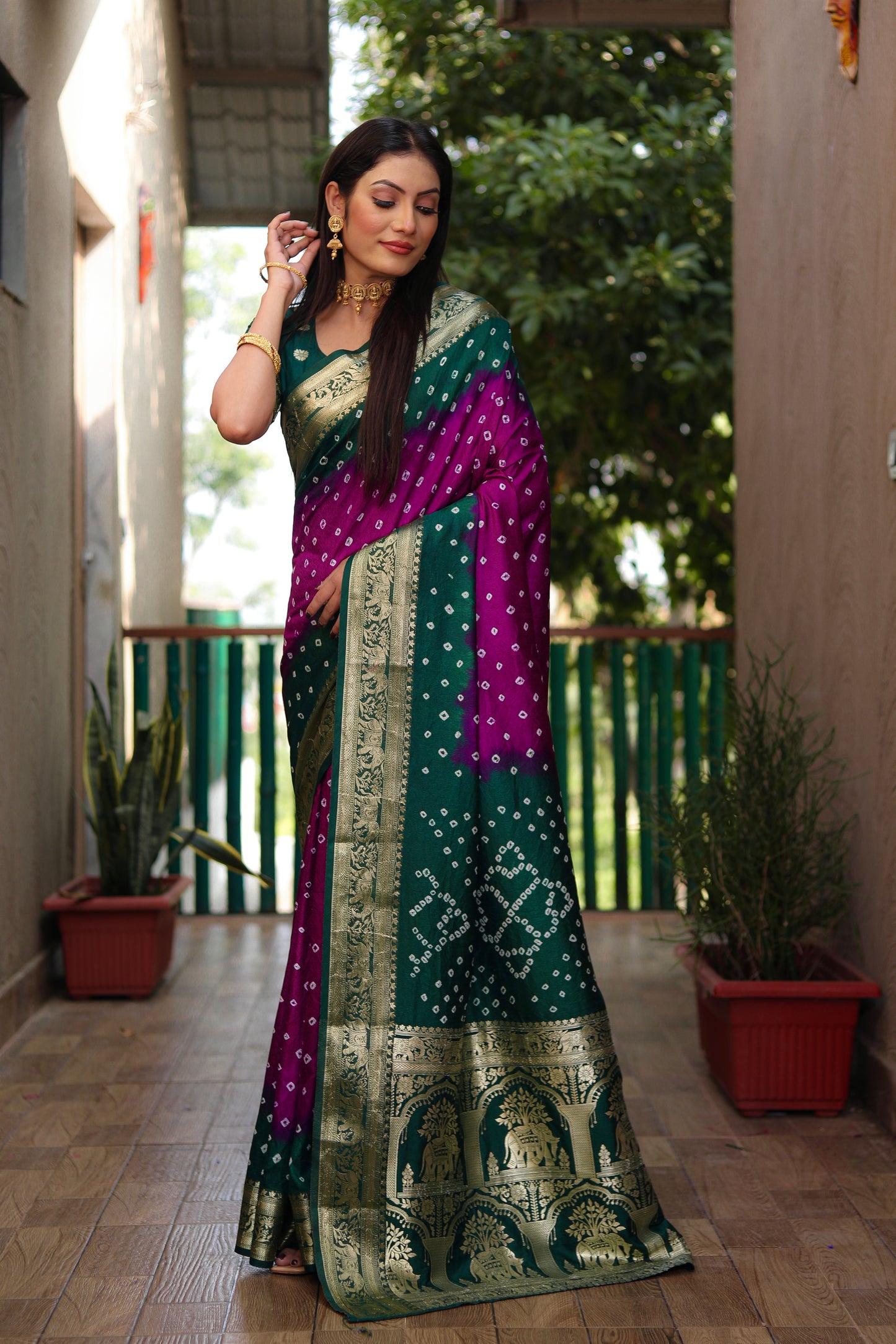Purple Vahini Pure Bandhej Silk Saree With Bandhej Border & Zari Weaving Rich Tissue Pallu