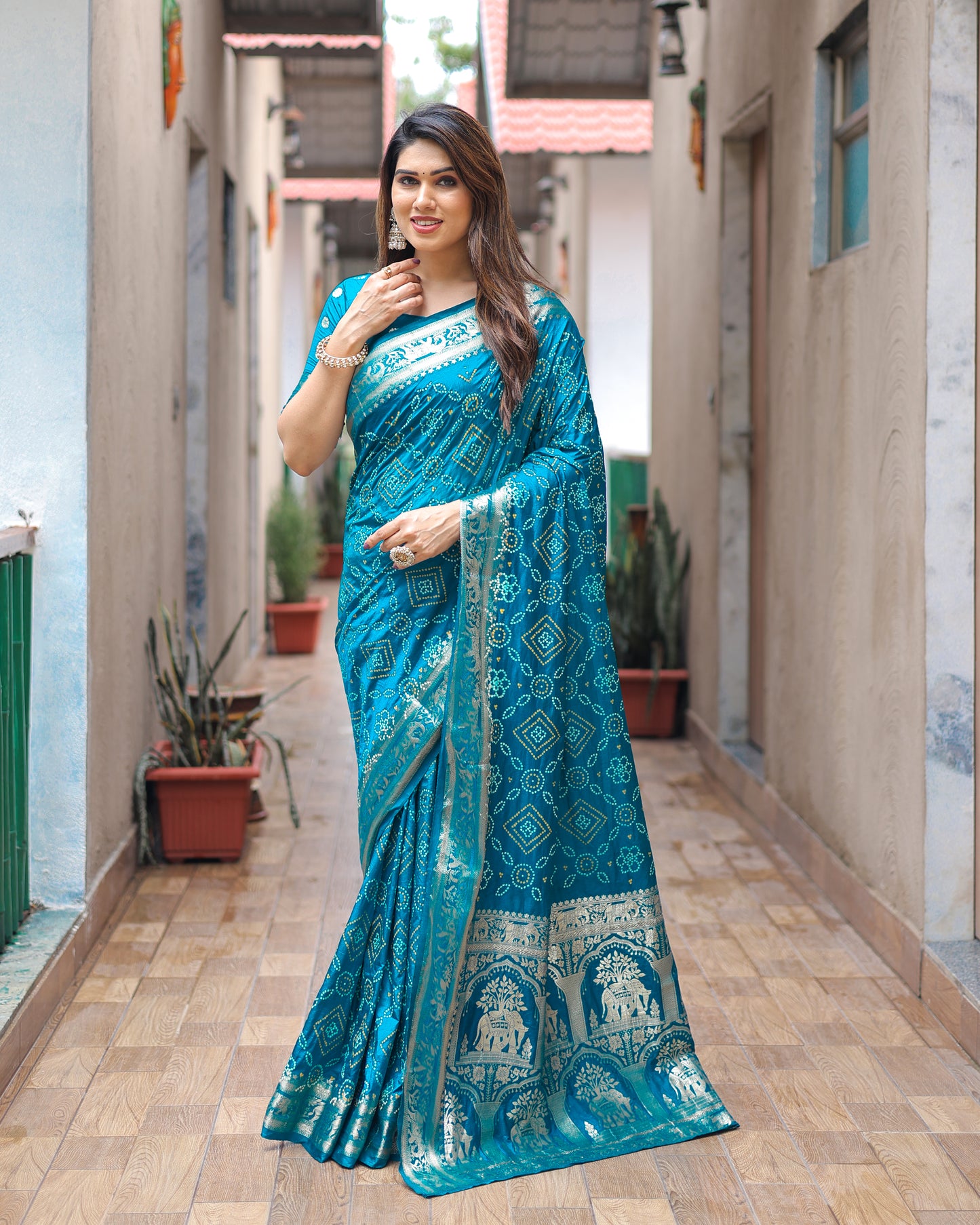 Sky Pushpavati Soft Dola Silk Bandhej Sarees With Kanchi Weaving Border With Multicolour Bandhej Block Print Design