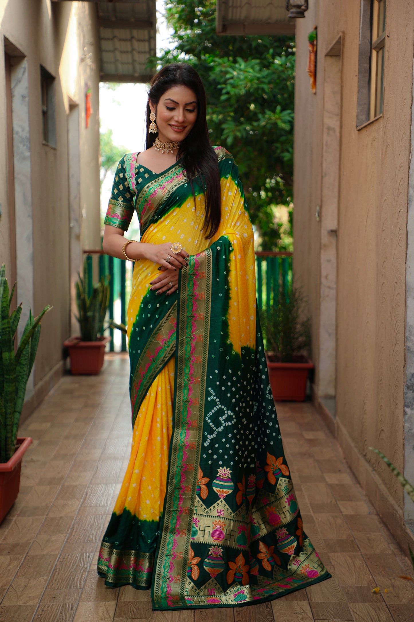 Yellow Swastik Pure Bandhej Silk Saree With Minakari Border Kalash & Swastik Design Rich Pallu Saree