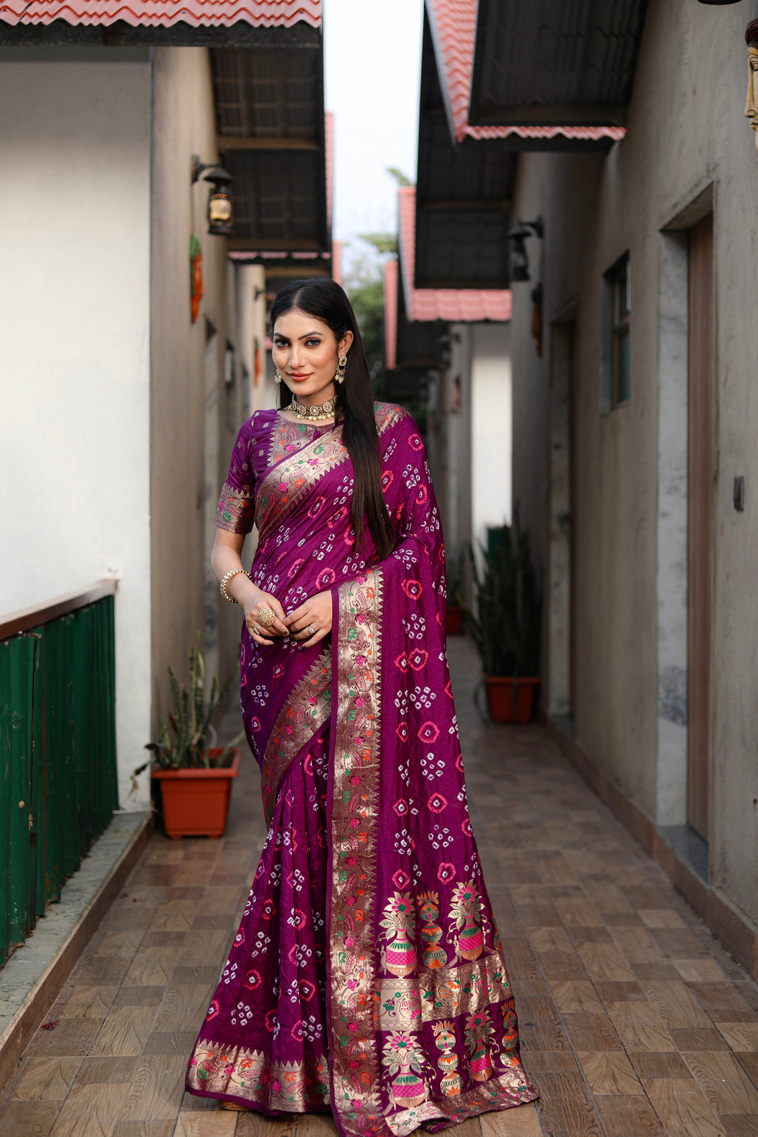 Dark Purple Kalash Pure Bandhej Silk Saree Matka Border With Zari Weaving Rich Pallu Saree