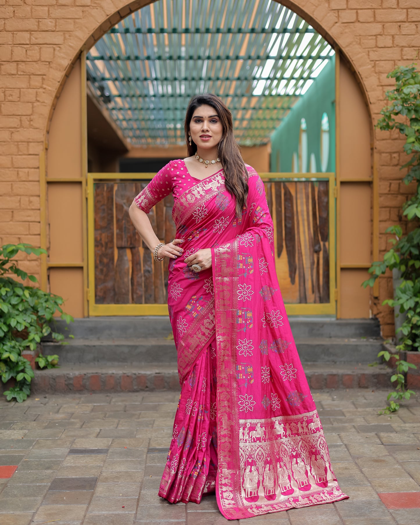 Pink Mastani Soft Dola Silk Bandhej Print Sarees With Kanchi Weaving Border And Allover Zari Border