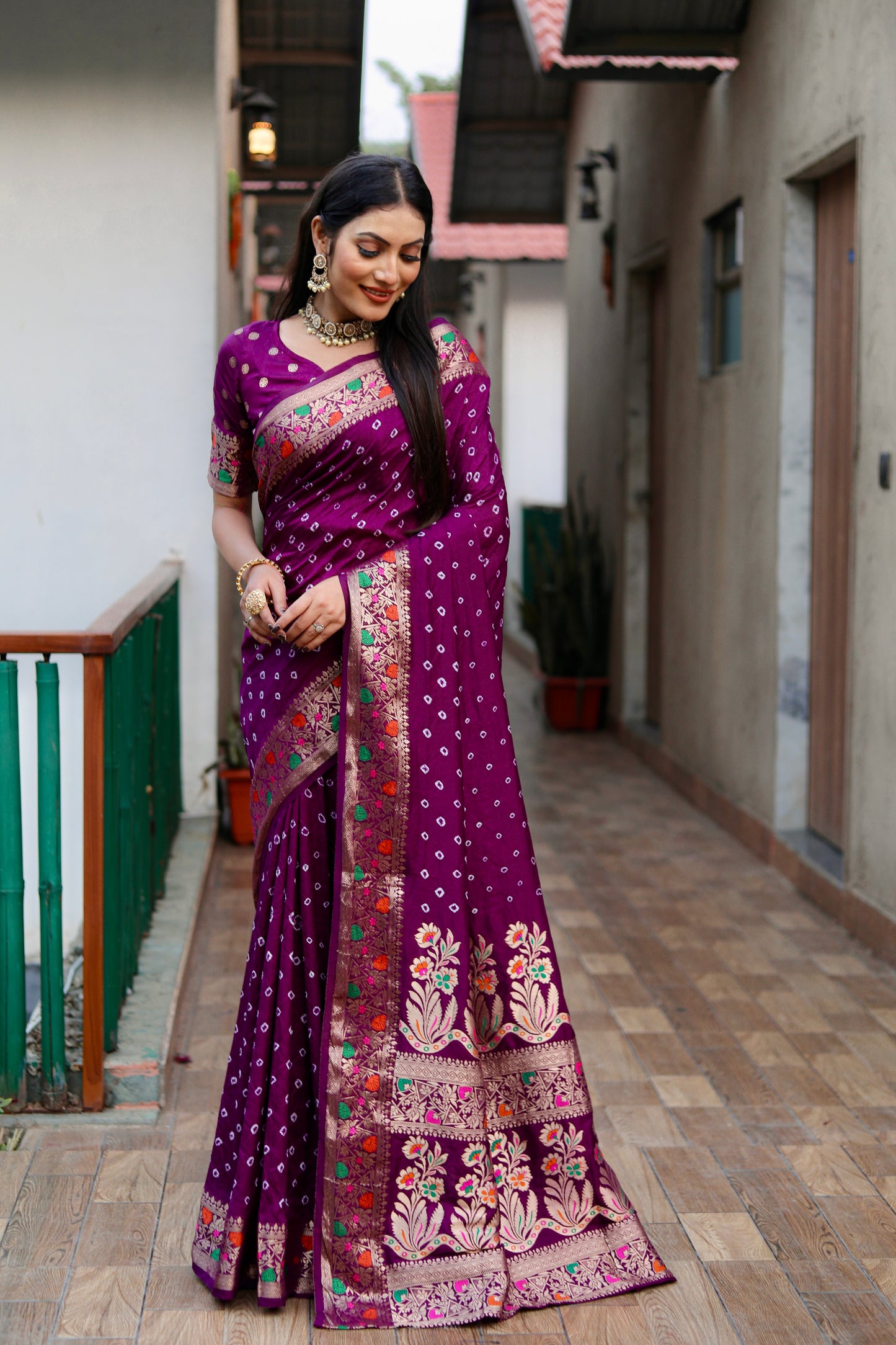 Purple Nazakat Pure Bandhej Silk Saree With Patola Border Zari Weaving Paithani And Paithani Rich Pallu