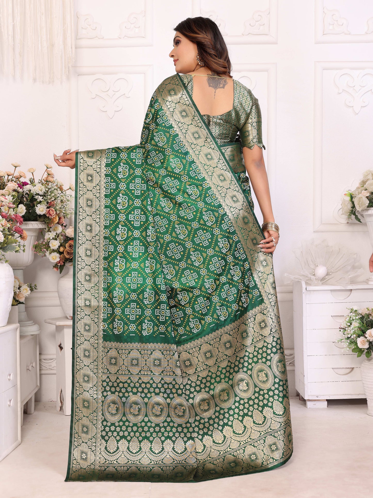 Green Samshira Soft Satin Silk Bandhej Print Saree With Zari Border Design And Having Rich Pallu