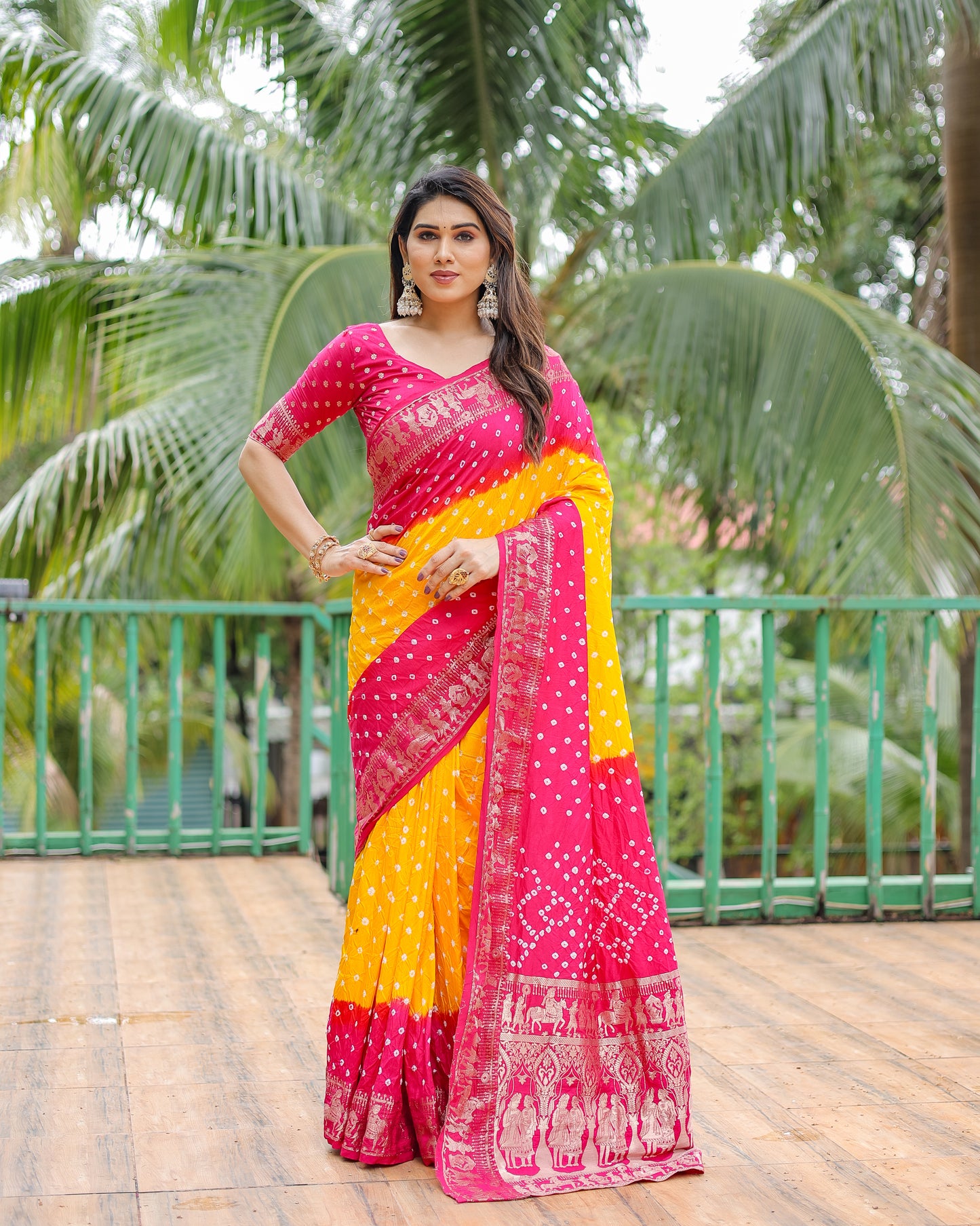 Yellow Vamika Pure Bandhej Silk Saree With Bandhej Border & Zari Weaving Rich Tissue Pallu
