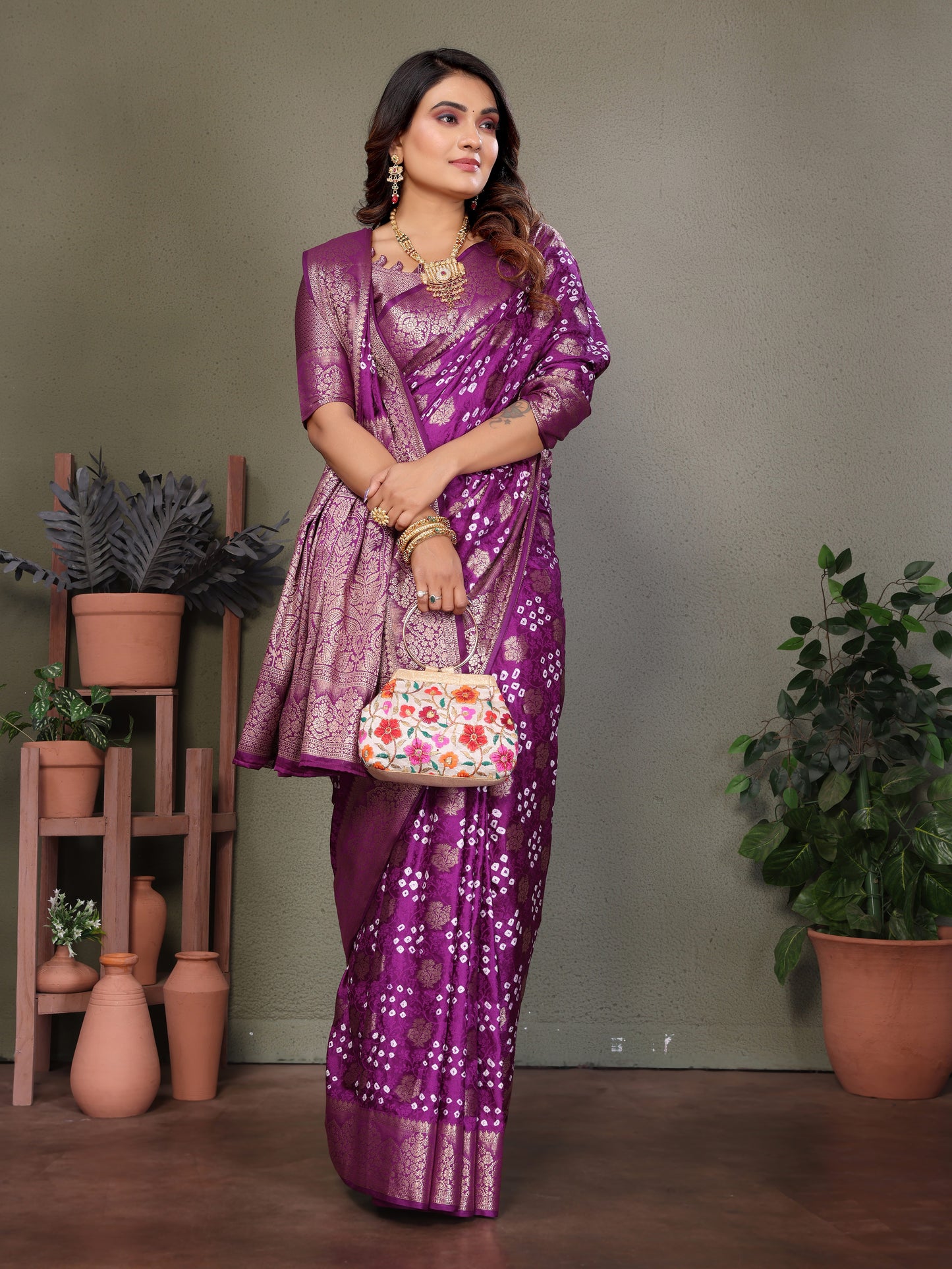 Purple Shakuntala Bandhej Silk Saree With Zari Weaving Butta & Zari Rich Pallu With Beautiful Design & Broad Border