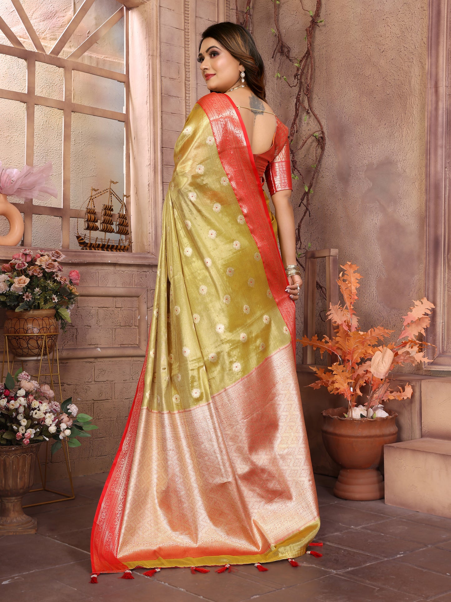 Light Green Anita Handloom Tissue Silk Sarees with Zari Weaving Designs and Zari borders Rich Pallu